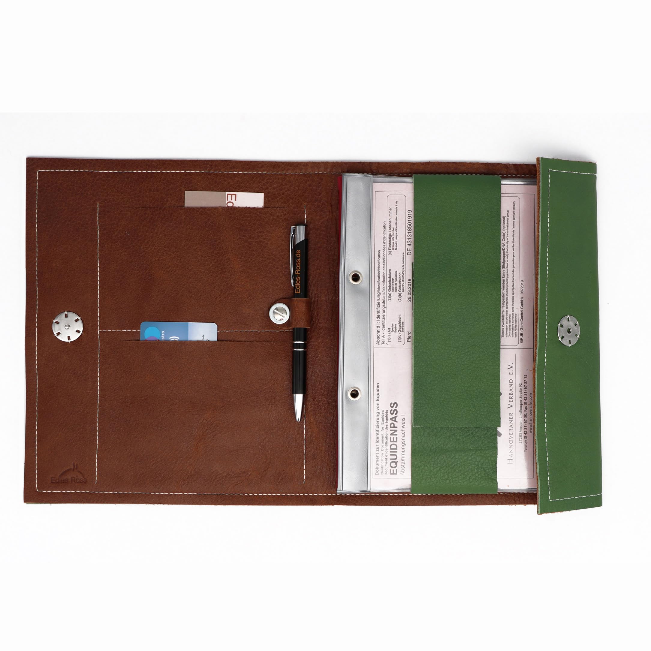 Pferdepass-Mappe für bis zu 7 Equidenpässe, aus grünem Leder mit Pferdemotiv, personalisierbar