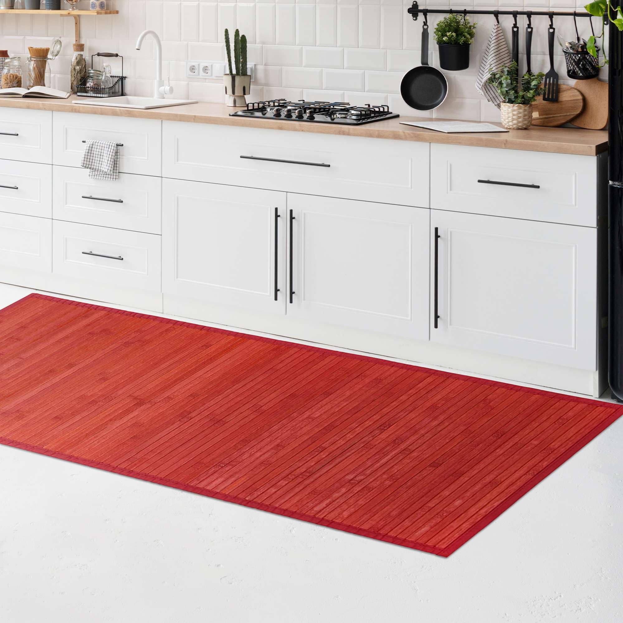 CosìCasa Alfombra de Cocina de bambú Antideslizante [50 x 180] | Alfombra de Cocina de Madera de bambú Rojo Liso | Alfombra Larga de Color Rojo [50 x 180 cm, Rojo]