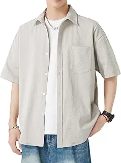 [W Wonyo] しわ加工 半袖シャツ メンズ 涼しい 夏服 シンプル 無地 レギュラーカラー カジュアルシャツ 人気 トップス 薄手 ワンウォッシュ 上着 かっこいい服 軽量 吸水 速乾 ドライ しゃつ ノーアイロン 羽織り 春 夏