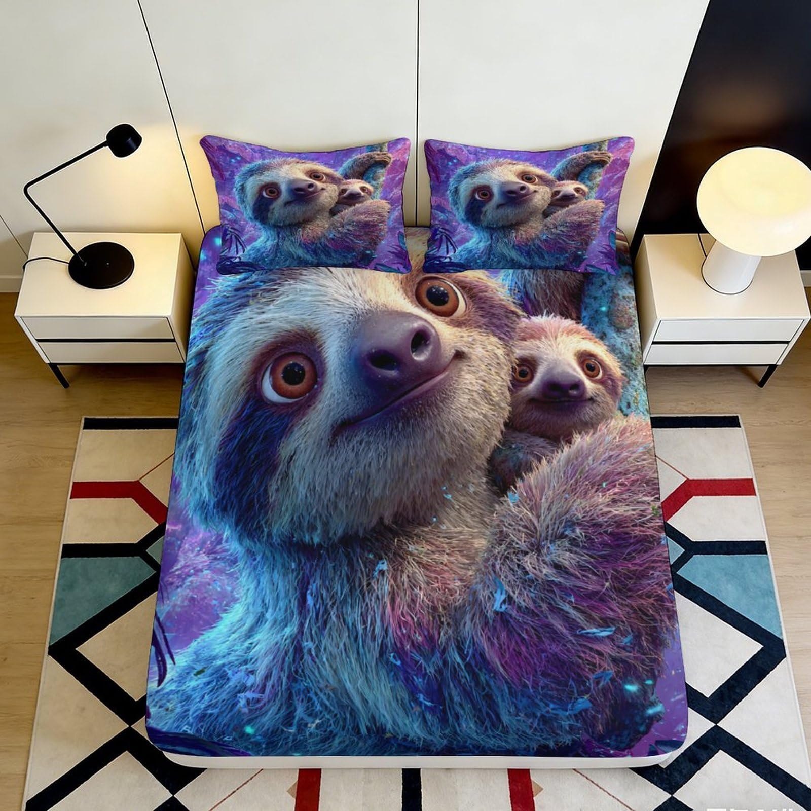 3D Printed Sloth Pattern Fitted Sheet Microfiber Deep Pocket Non-Slip Bedroom Bedding Sloth Mattress Fitted Cover Elastic Full Wrap Washable for Adults 180x200x25cm