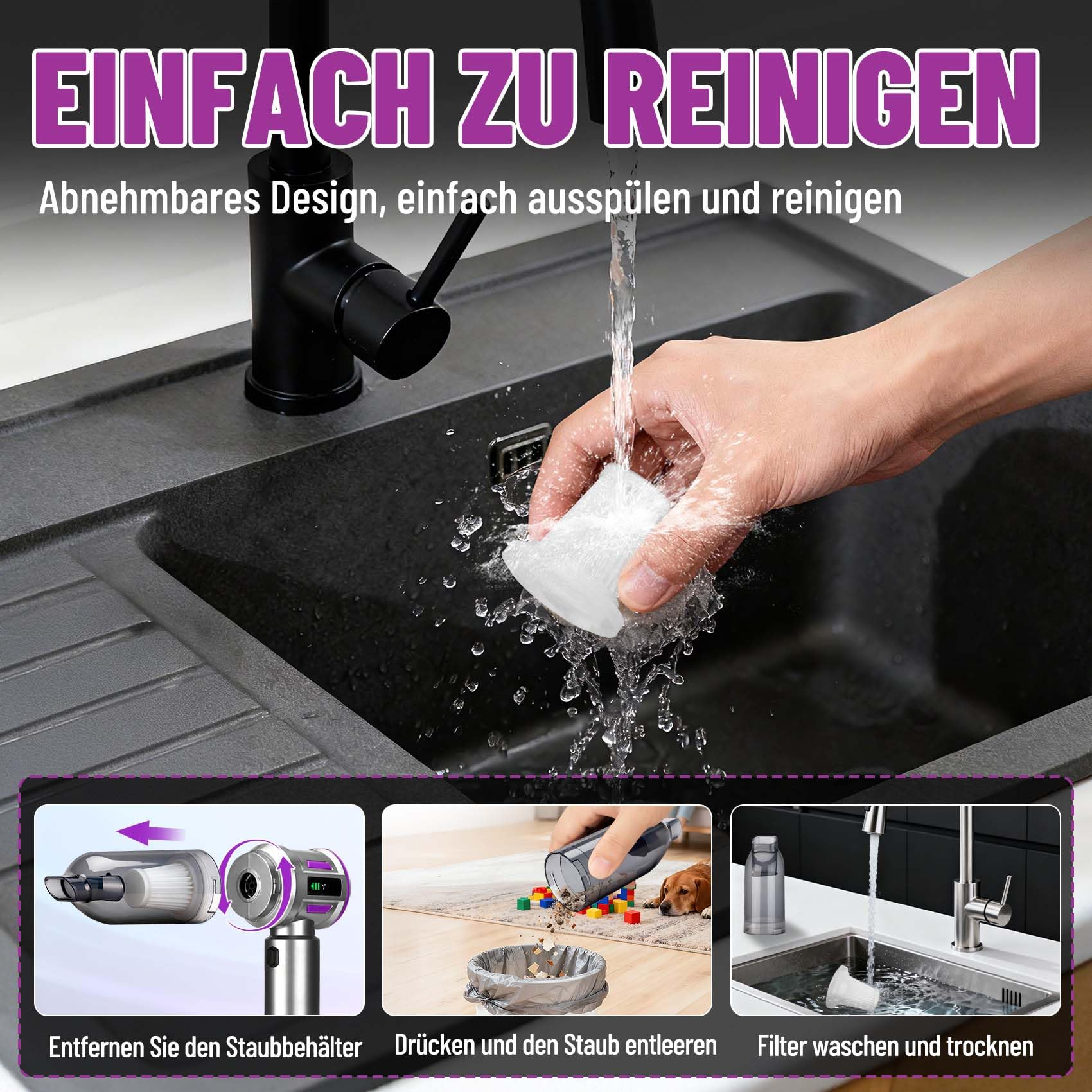 Handstaubsauger Akku Kabellos 27000Pa, Mini Autostaubsauger mit 220000rpm Bürstenlosem Motor, Leicht & Tragbar, 3-Stufen Saugkraft für Auto, Sofa, Haustierhaare, Küche & Büro