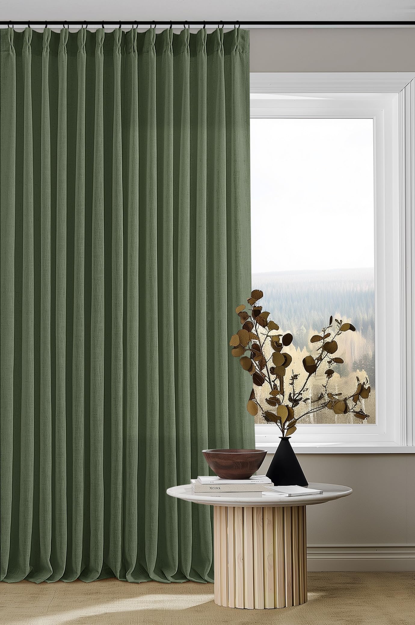 Pleated Semi Sheer Memory Shape Olive Green Linen Curtains 90 Inches Long — image 1
