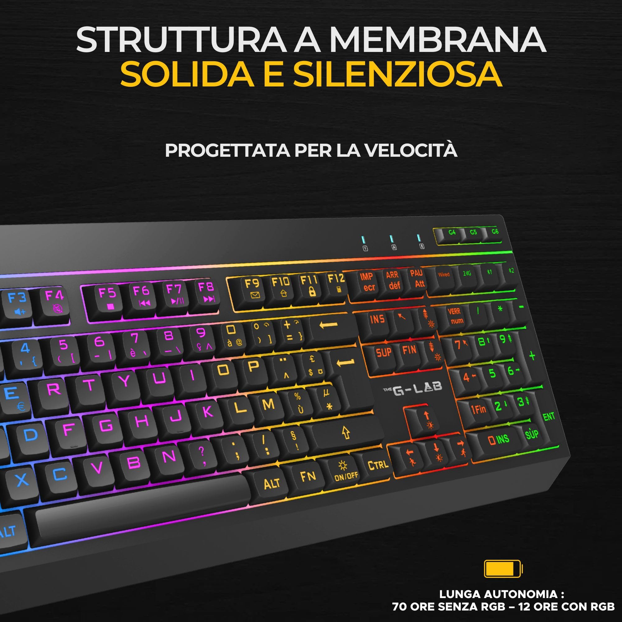 THE G-LAB Combo TUNGSTEN - Tastiera e Mouse Wireless Tripla Connessione 2.4GHz / Bluetooth/USB - Tastiera Gaming ITALIANA, RGB e Macro Custom - Mouse Gaming Wireless 6400 DPI - PC / PS4 / PS5 / XBOX