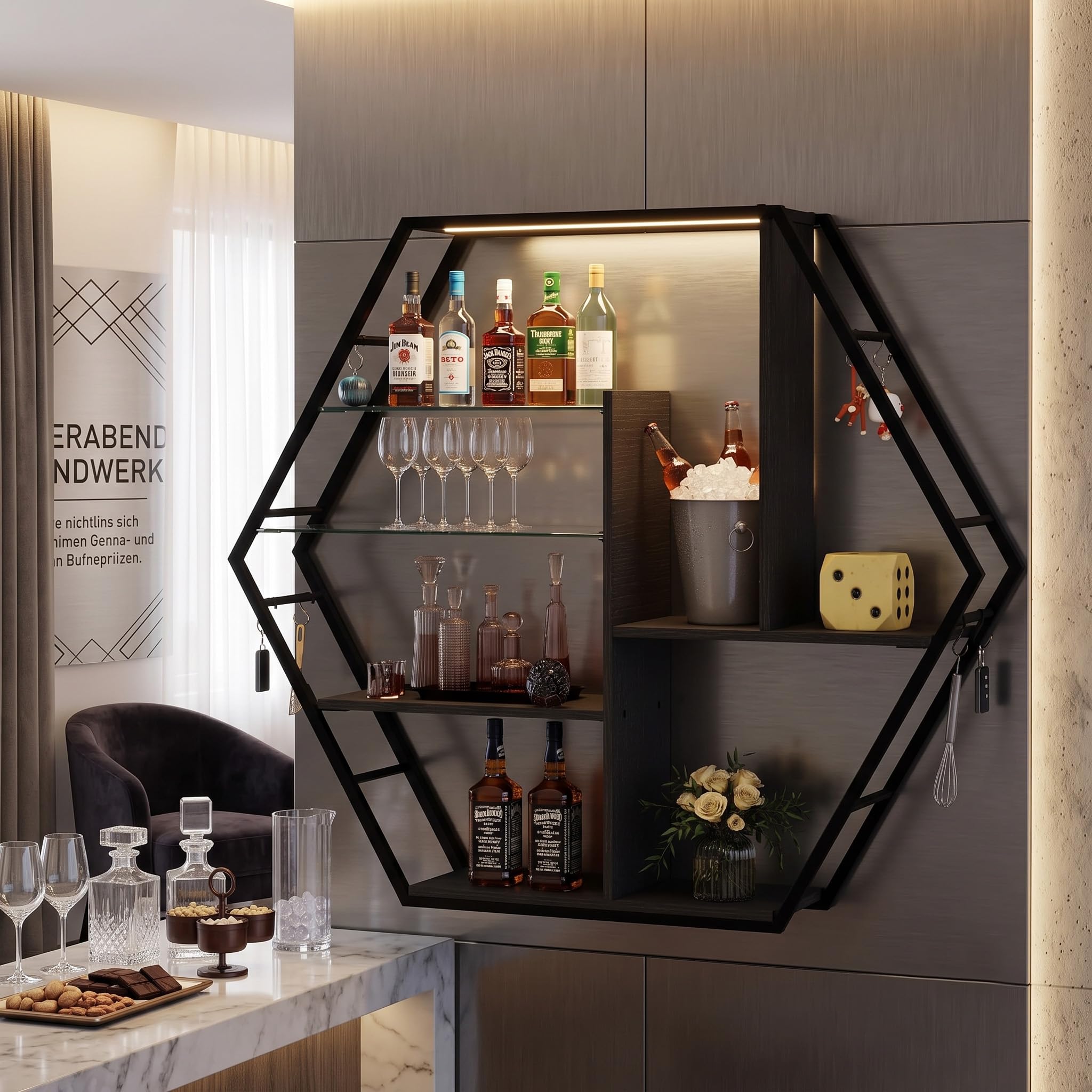 YOURLITE Bar Regal Wand, Schwebende Regale mit LED, Wandregal mit Verstellbarer Glasablage, mit 8 S-förmigen Haken, Wein Kaffee Bar Regal