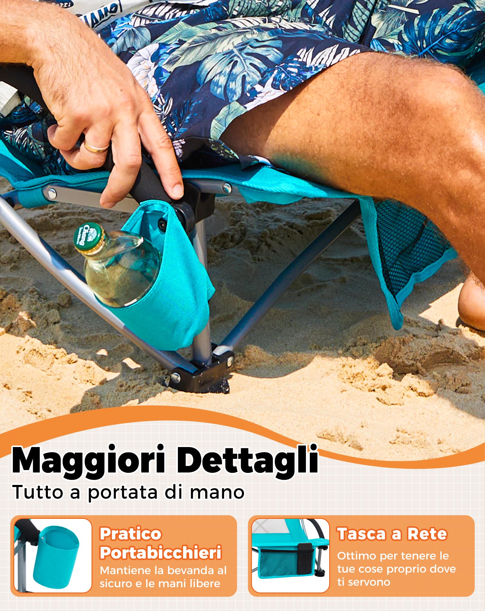 KingCamp Set di 2 Sedie da Spiaggia Pieghevoli Portata 180kg Cuscino Imbottibile Ciano