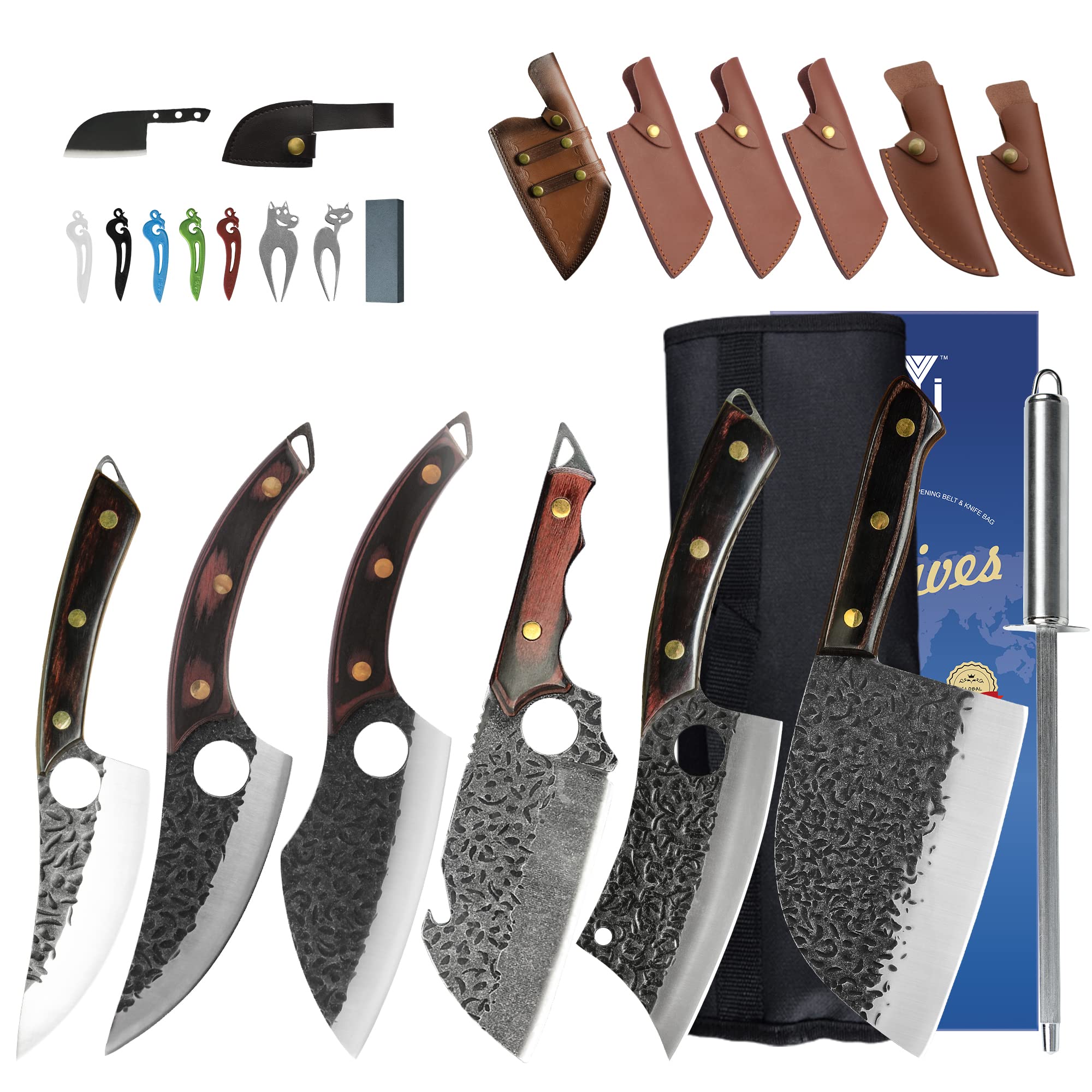 FULL TANG Camping Knives Set Chinese Butcher Vegetable Chef Knives Slice Boning Knives With Leather Sleeves&Roll Bag&Kitchen Tools