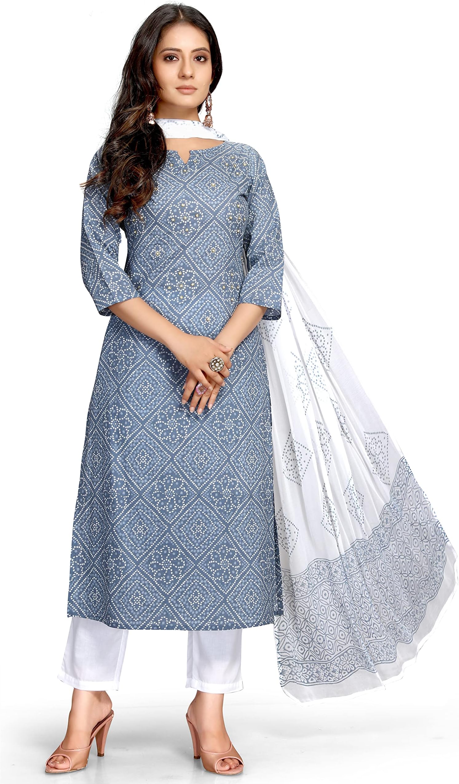 Rajnandini Women's Grey & White Pure Cambric Cotton Bandhani Printed Kurta Set With Dupatta (S To 6XL - Size JOPLVL212)…