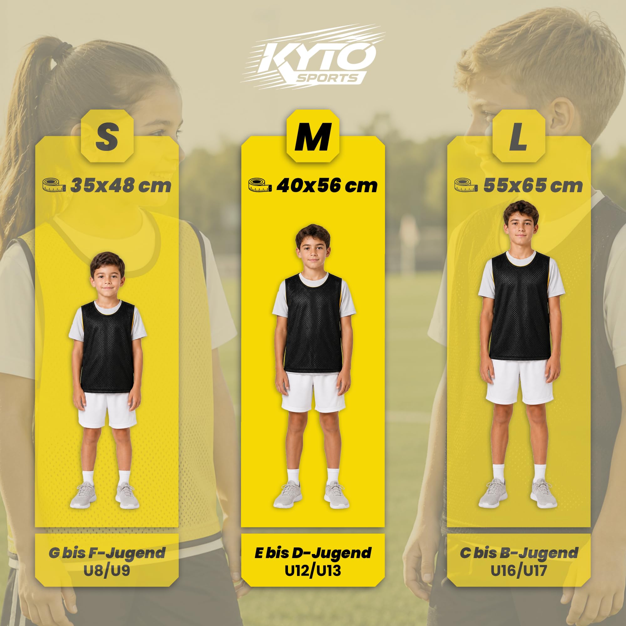 KYTO Fußball Trainingsset für Kinder, 2 Tore, 50 Markierungshütchen, 6 Leibchen in Größe M, Mini Ball, Pumpe, Tasche, Erdanker, Fußball Zubehör für Garten, Park und Training