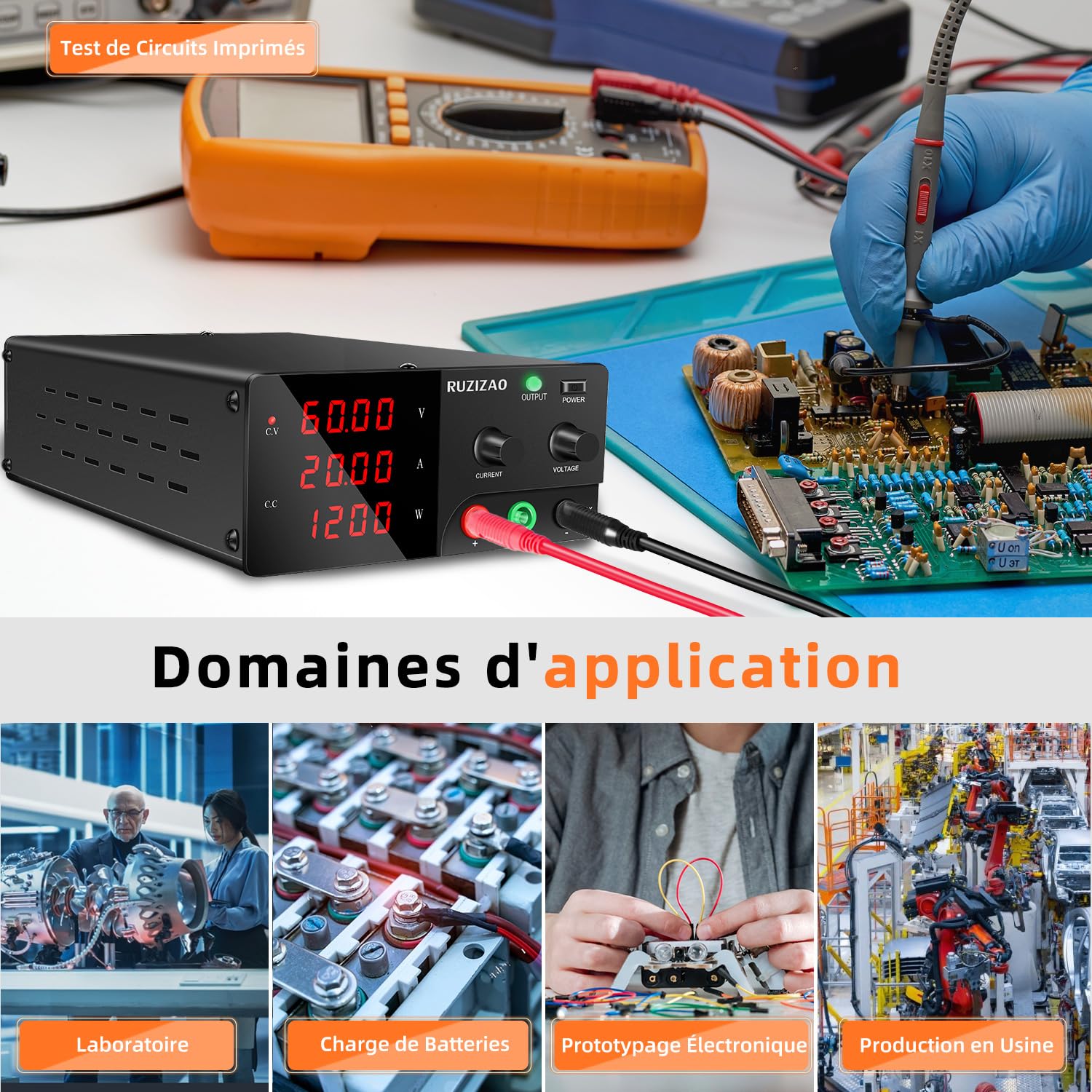 Alimentation de Laboratoire 60V 20A 1200W Haute Puissance Alimentation Stabilisée Réglable avec OUTPUT/Encodeur Bloc d'alimentation Laboratoire pour Automatisation/Laboratoire/Test de Batterie