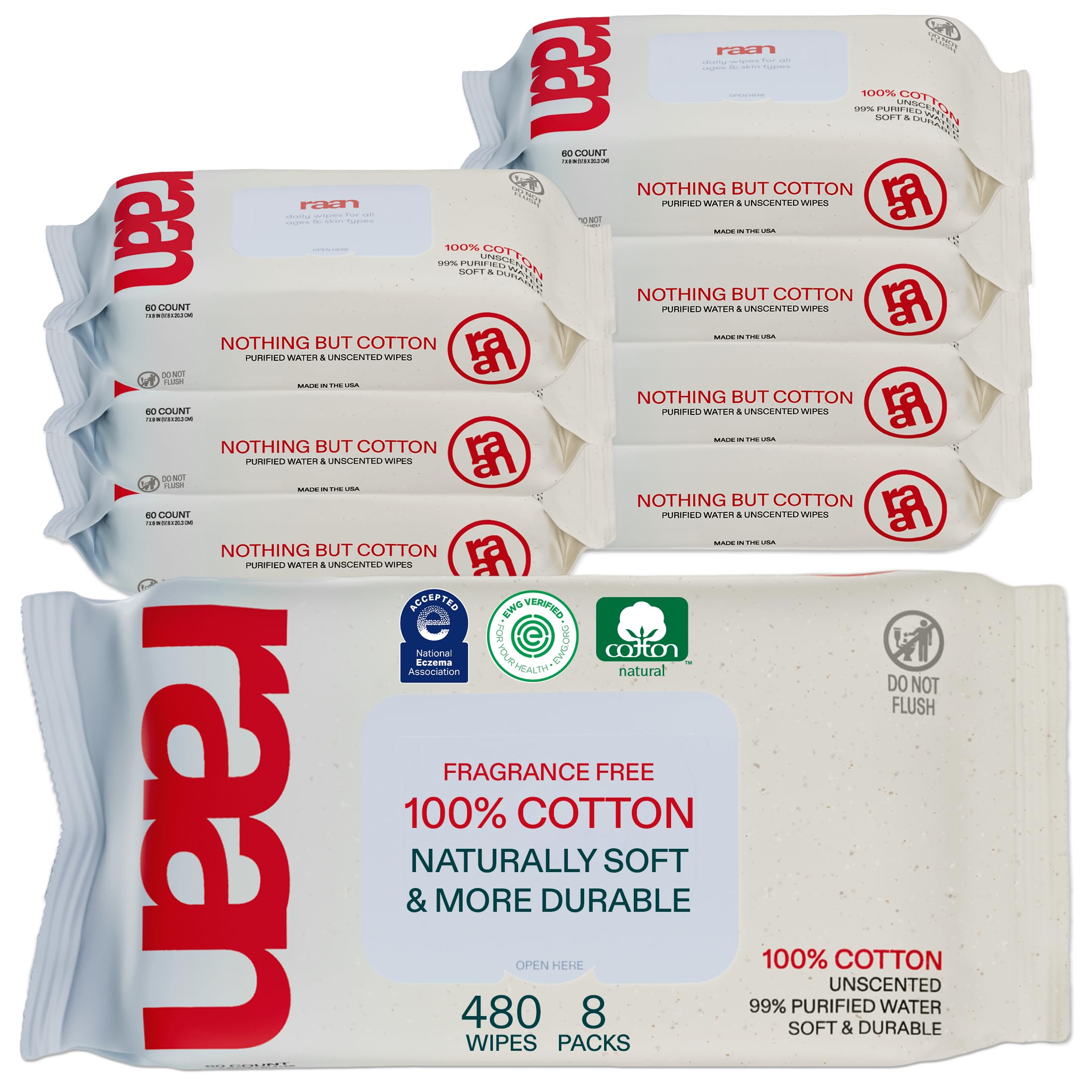 Raan, 100% Cotton Baby Wipes, Unbleached, 99% Purified Water, Unscented, EWG verified, For Extra Sensitive Skin, Naturally Soft and Durable, 8 pack, 480 Count