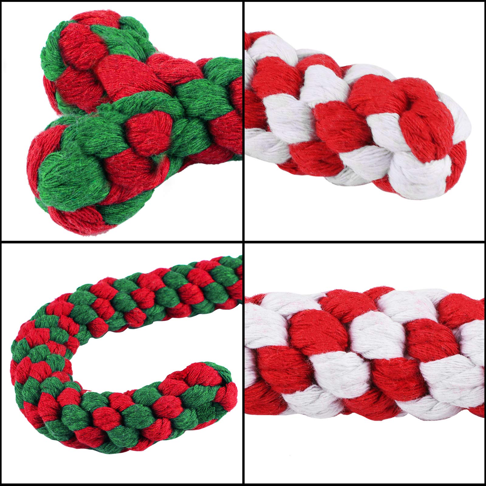 ADXCO - Juego de 4 juguetes de Navidad para masticar juguetes de cuerda de perro para bastón de caramelo masticable agresivo y forma de hueso, apto para perros pequeños, medianos y grandes