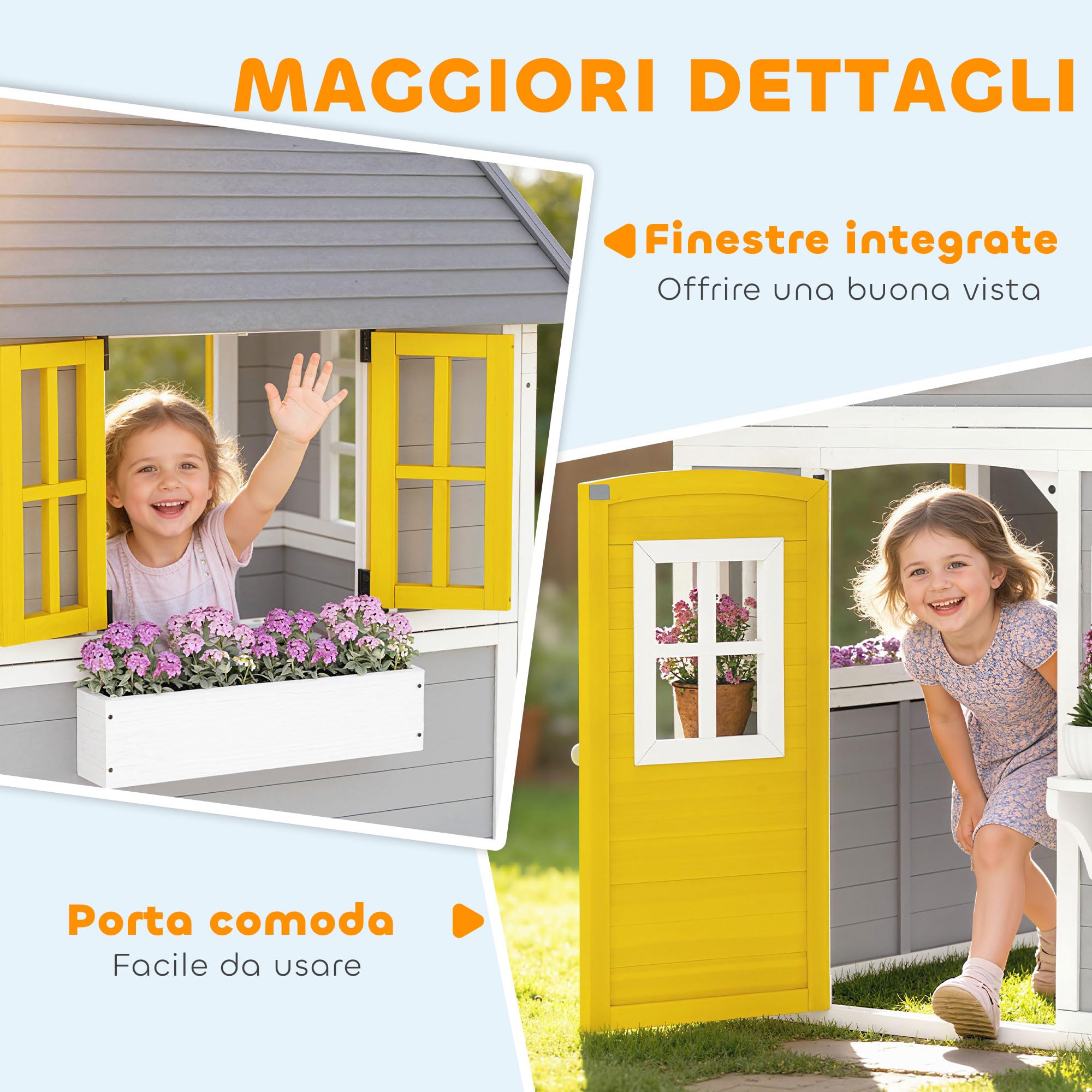 Outsunny Casetta in Legno per Bambini 3-8 Anni, Casetta da Giardino per Bambini con Finestre, Tetto Inclinato, Vasi e Fioriere, Grigio, Giallo, Bianco