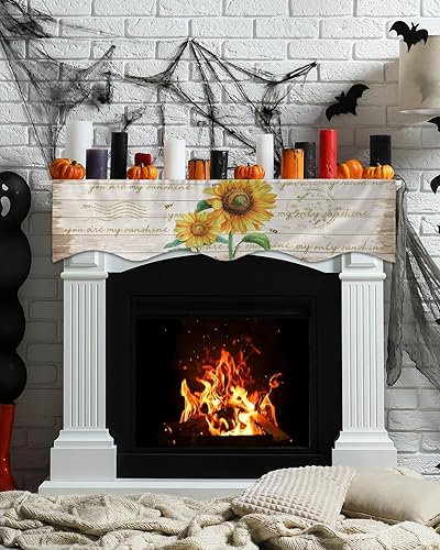 Miniatura 3 de Bufanda de manto de 60 x 17 pulgadas, diseño rústico de girasol, abeja, madera, chimenea, mantel, cubierta de mantel para el hogar, sala de estar,