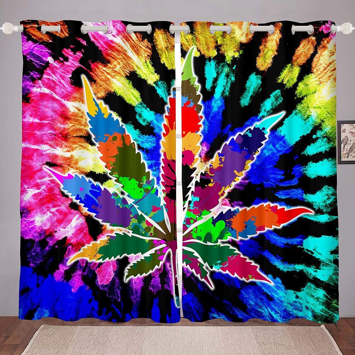 Marijuana Leaf Window Drapes Boho Tie Dye Decor Window Curtains for Bedroom Living Room Kids Boys Girls Colorful Psychedelic Swirl Curtains Cannabis Leaves Window Treatments,W46*L54,2 Panels โ image 1