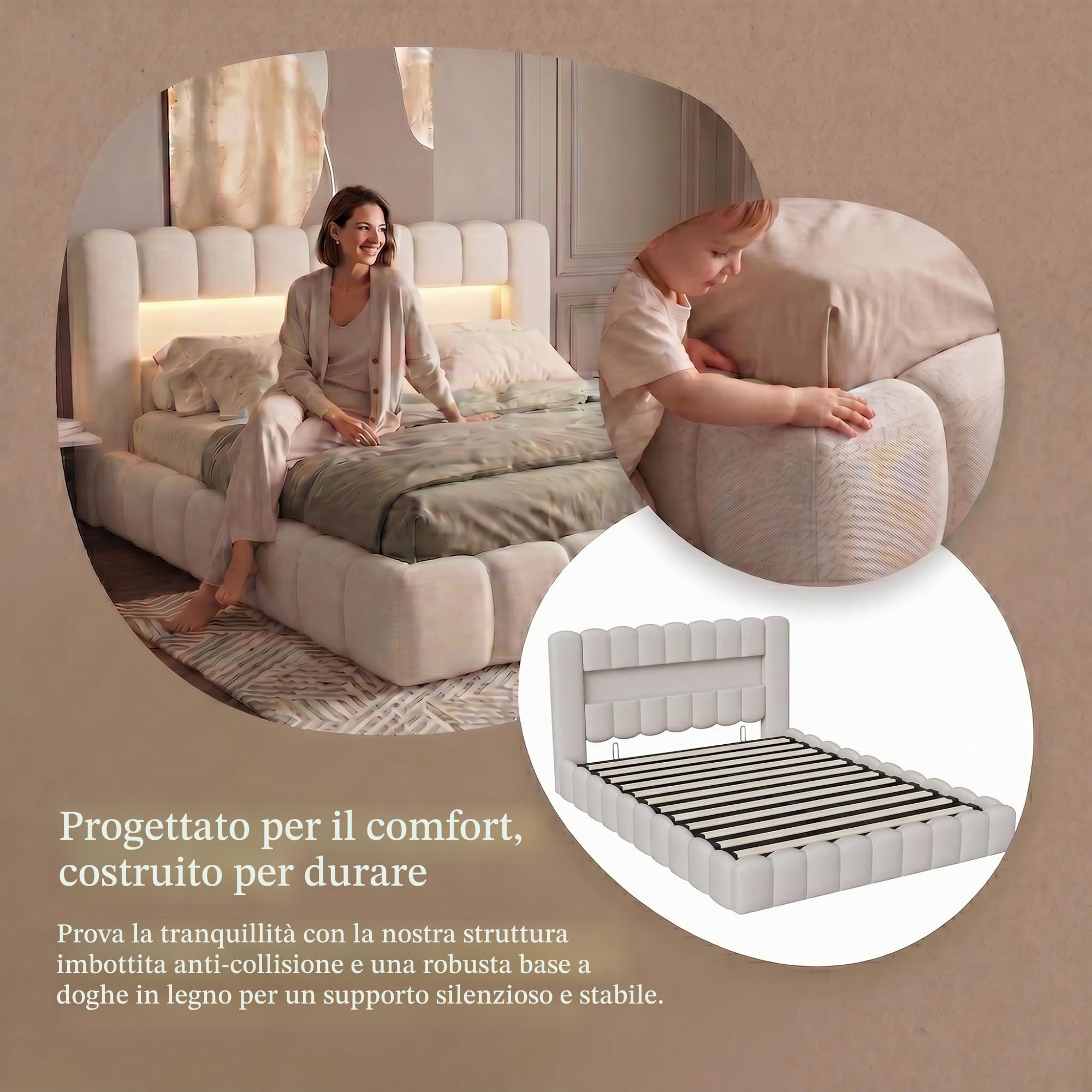 Letto matrimoniale imbottito, a bolle 180 x 200 cm, con contenitore letto