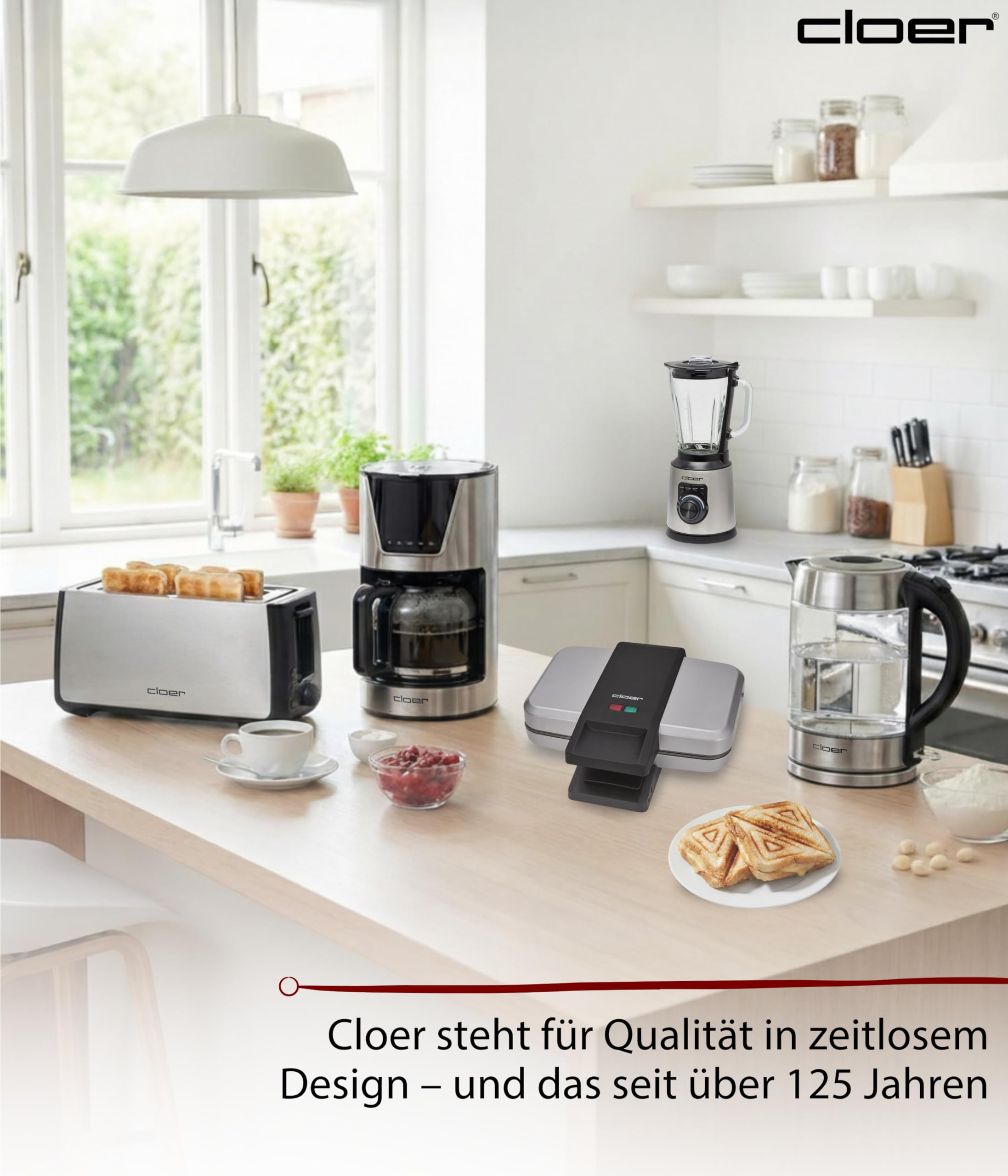 Cloer 6259 Sandwichmaker, 900 W für 2 diagonal geteilte Toasts, American Toasts, XXL Füllungen, Silber