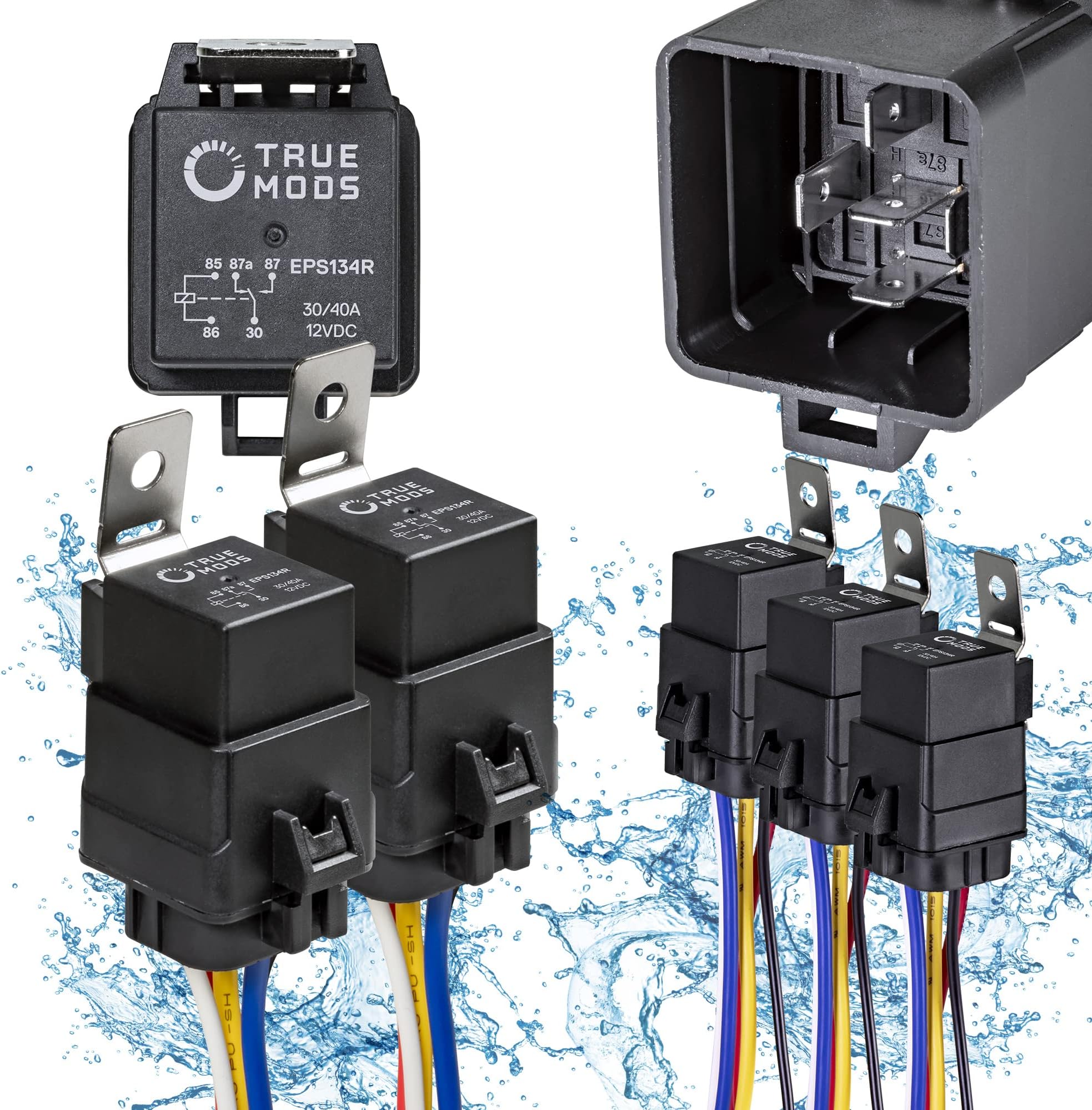 OLS 5 Pack 40/30 Amp Waterproof Relay Switch Harness Set - 12V DC 5-Pin SPDT Automotive Relays 12 AWG Hot Wires