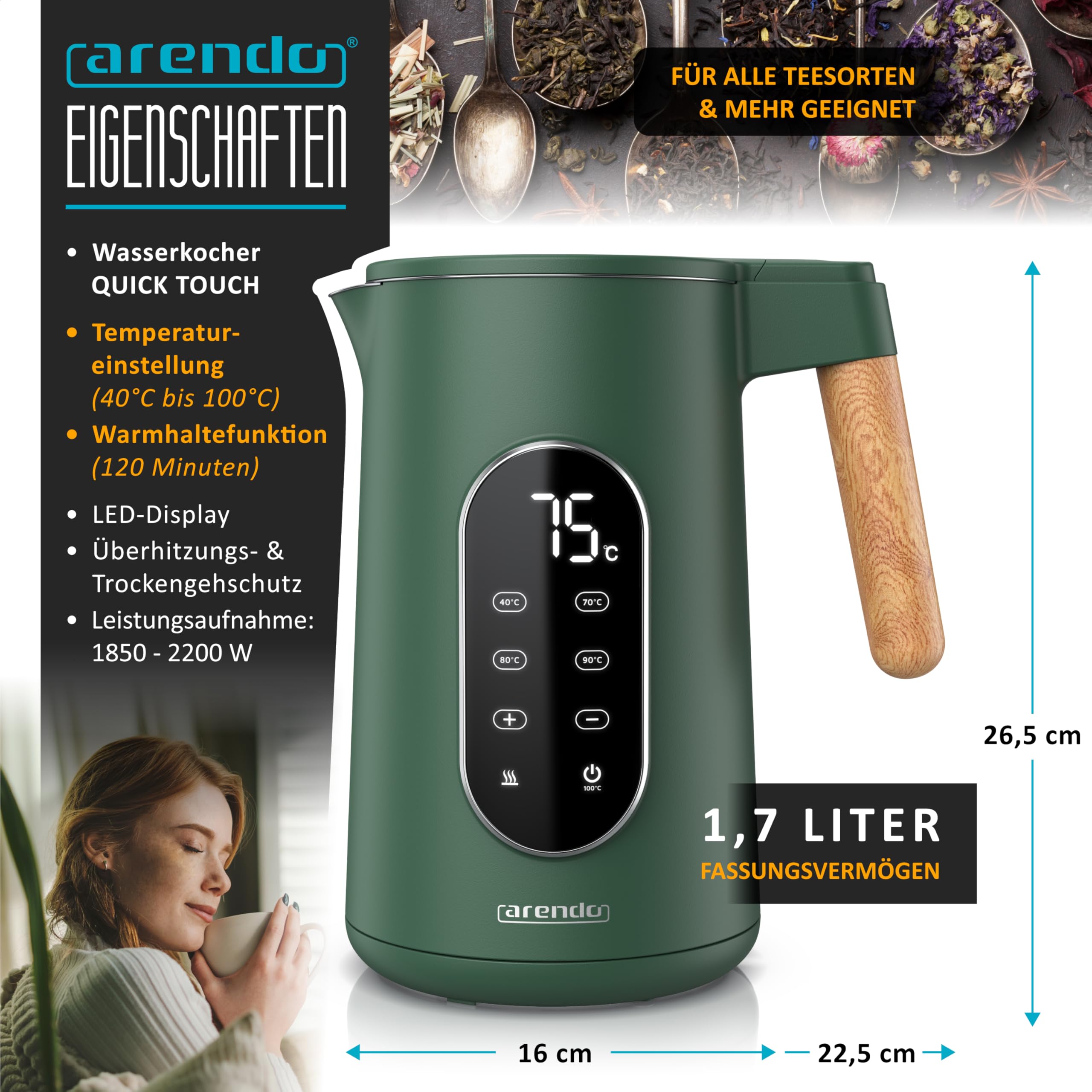 Arendo - Edelstahl Wasserkocher mit Temperatureinstellung 40-100°C - Doppelwand Design Cool Touch - Display im Gehäuse - Kabellos - 2200 W - 1,7L – Überhitzungsschutz – Warmhaltefunktion - BPA-frei