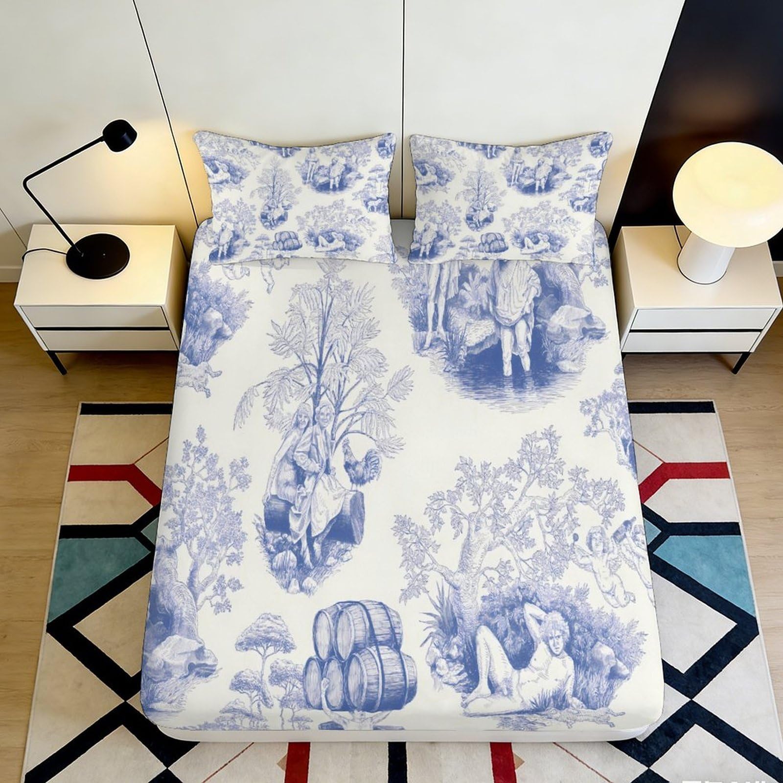 3D Printed Blue Pastoral Scenery Fitted Sheet Microfiber Soft Bed Cover Toile de Jouy Pattern for Bedroom Guestroom Decor 90x200x25cm