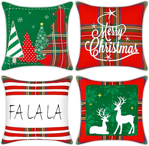 Miniatura 7 de Juego de 4 fundas de almohada de Navidad de 18 x 18 pulgadas, diseño de búfalo, a cuadros, rojo y verde, decoraciones de Navidad, funda de cojín