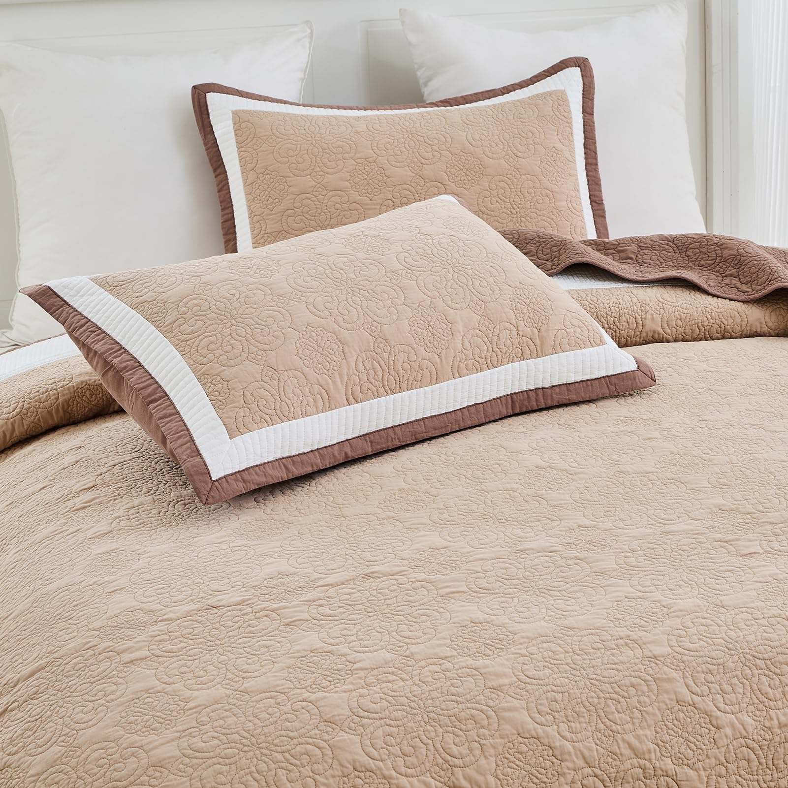 Bed Spreads Queen Size Bedspread DDUOXIN 128x120 California King Size  Quilted Bedspread - 100% Organic Cotton Brown Beige Striped Reversible Bedspreads  King Bed Lightweight Modern Cal O King Bed Spread, image size:1601x1601