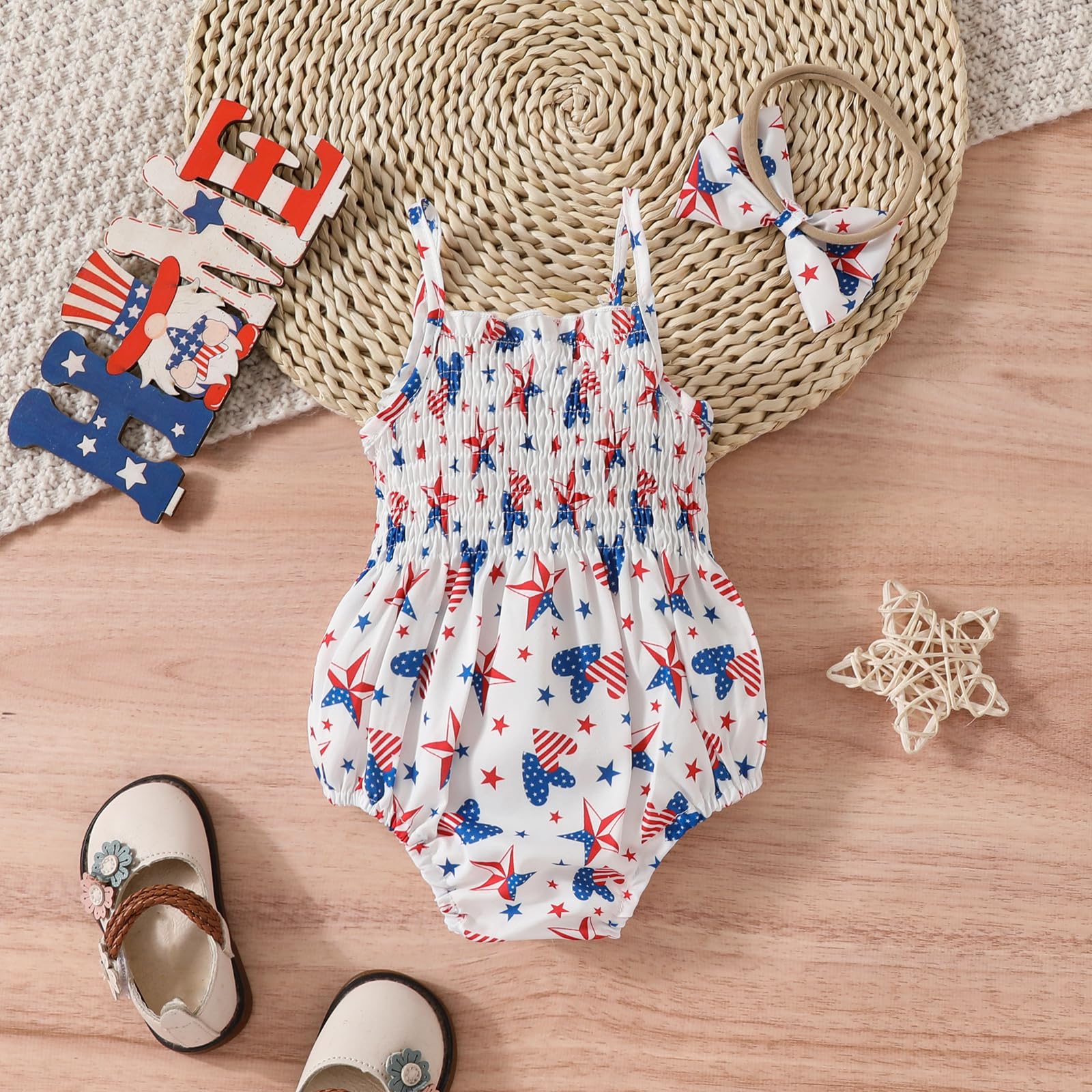 YINGISFITM Baby Girl 4th of July Outfit American Flag Bubble Romper Sleeveless Onesie My First 4th Fourth of July Clothes (Usa flag star, 6-9 Months)