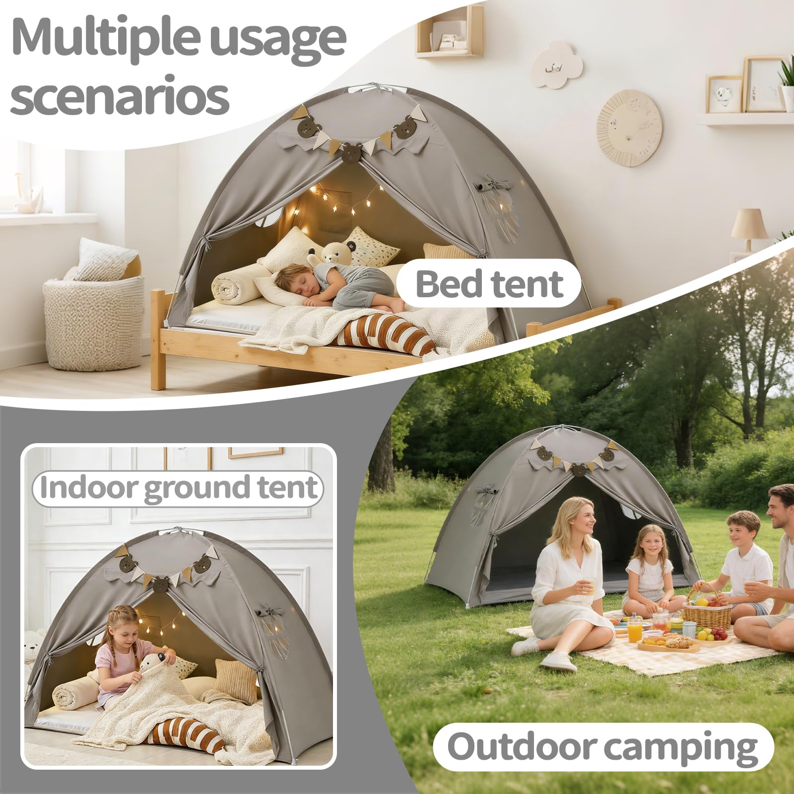 Kinderzelt Indoor Spielzelt Kinder Groß, 195 X 98 X 125 cm Kinderzimmer Spielhaus mit 2 Fenstern, Lichtkette & Fahnen, Maschinenwaschbar, für Spielzimmer, Party, Schneller Aufbau (Grau)