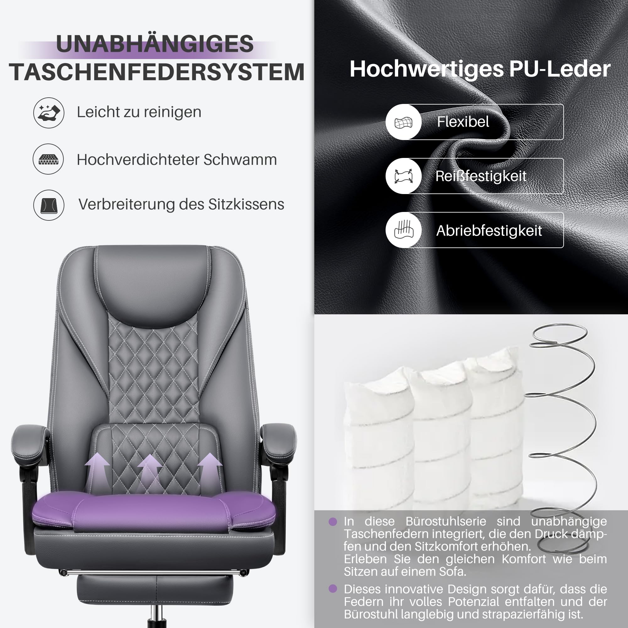 DoChair Sedia Ufficio ergonomica Fino a 140°Sedia Scrivania con Poggiapiedi Poggiatesta Funzione Dondolo in Pelle Artificiale, Grigio
