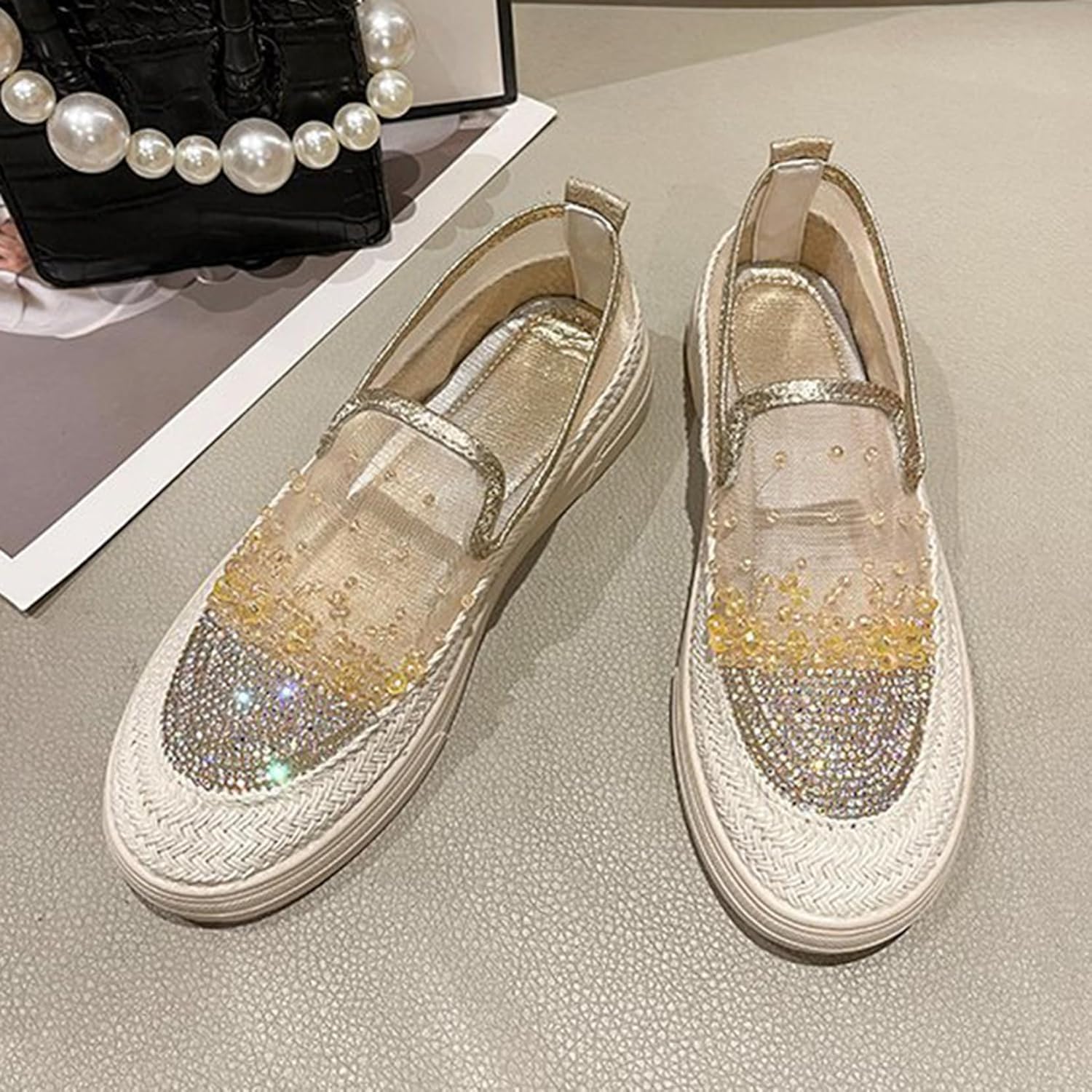 [ダキシ] スリッポン ビジュー キラキラ レディース キレイめ 厚底スリッポン 歩きやすい ぺたんこ サイドゴア 通気性 ラウンド