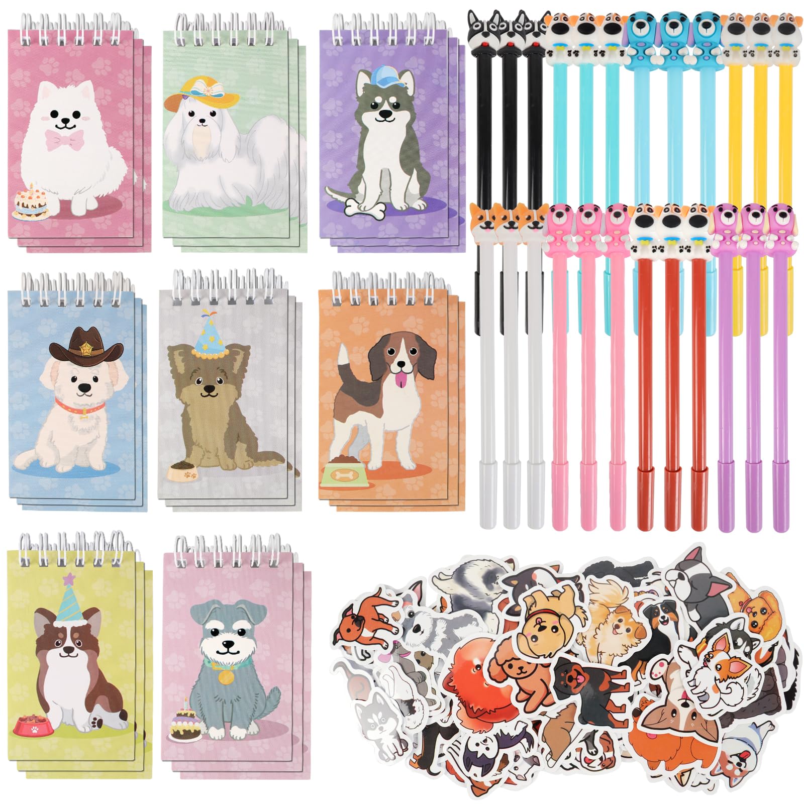 148 szt. upominki na imprezę dla psa, nadruk łapy, upominki na przyjęcie dla szczeniaka, z mini notebookami, długopisy, naklejki, torby na cukierki, artykuły na przyjęcie urodzinowe, klasa