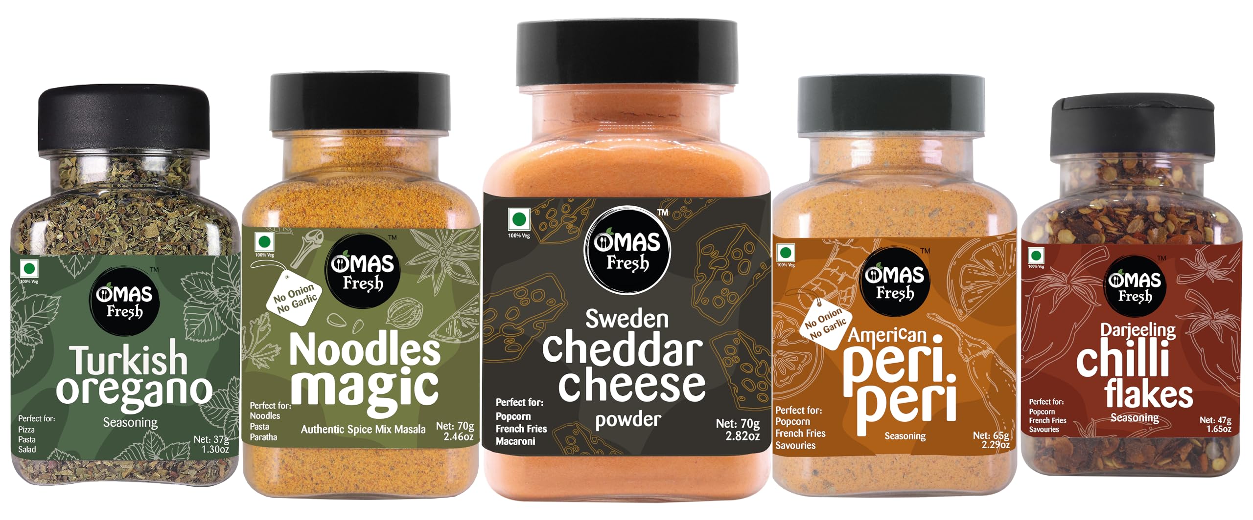 Multi Seasoning Jain (No Garlic No Onion) Combo | Cheddar Cheese Powder 70g, Jain Peri Peri Masala 65g, Magic Noodles Masala 70g, Oregano Flakes 37g And Chilli Flakes 47g For Pizza, Soup, Popcorn And More Delicious Dishes | Zero added Colours, Fillers, Additives & Preservatives (Pack Of 5)