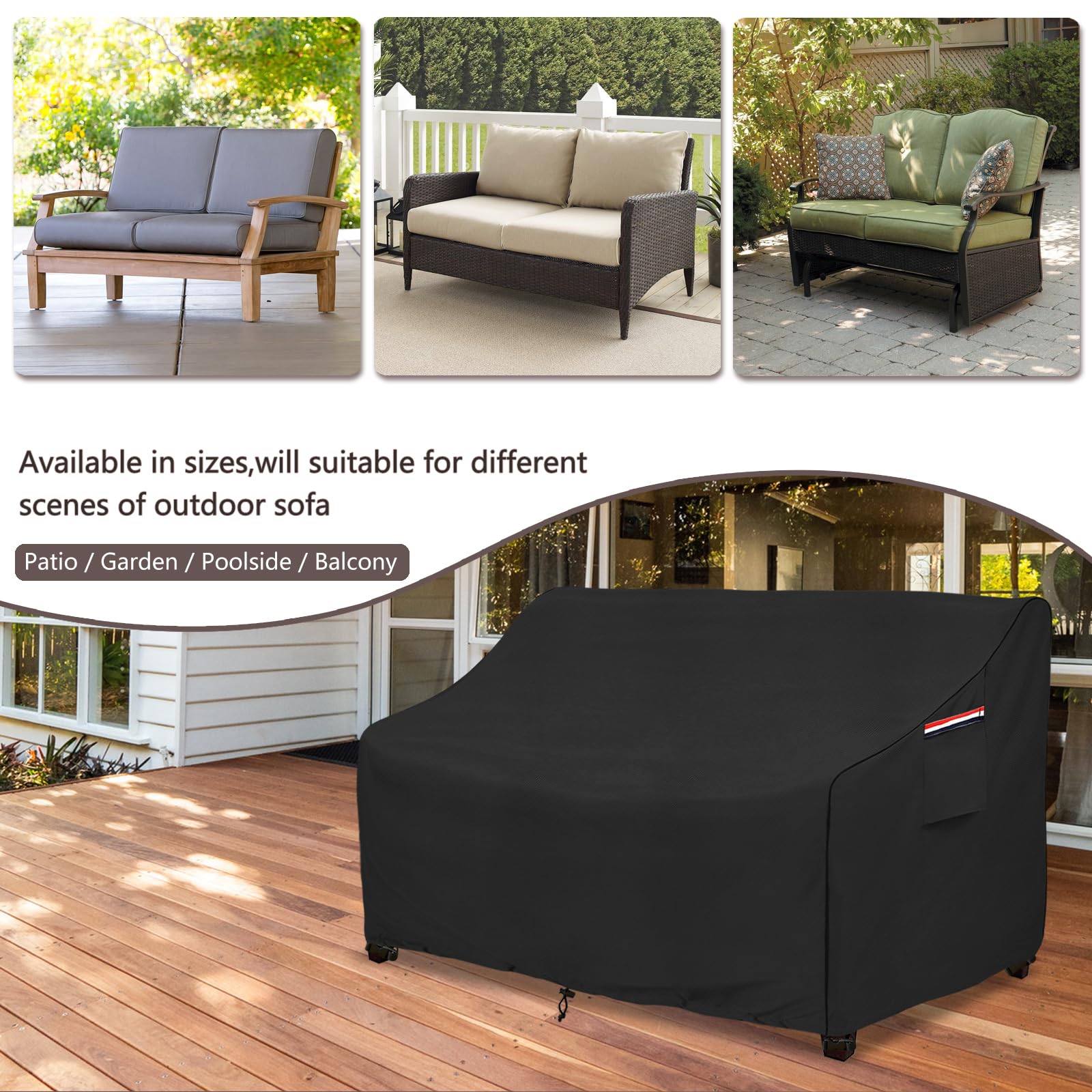 okcool - Funda de sofá de exterior resistente, 100 % impermeable, 2 plazas, hasta 147 x 83 x 79 cm (ancho x fondo x alto), negro