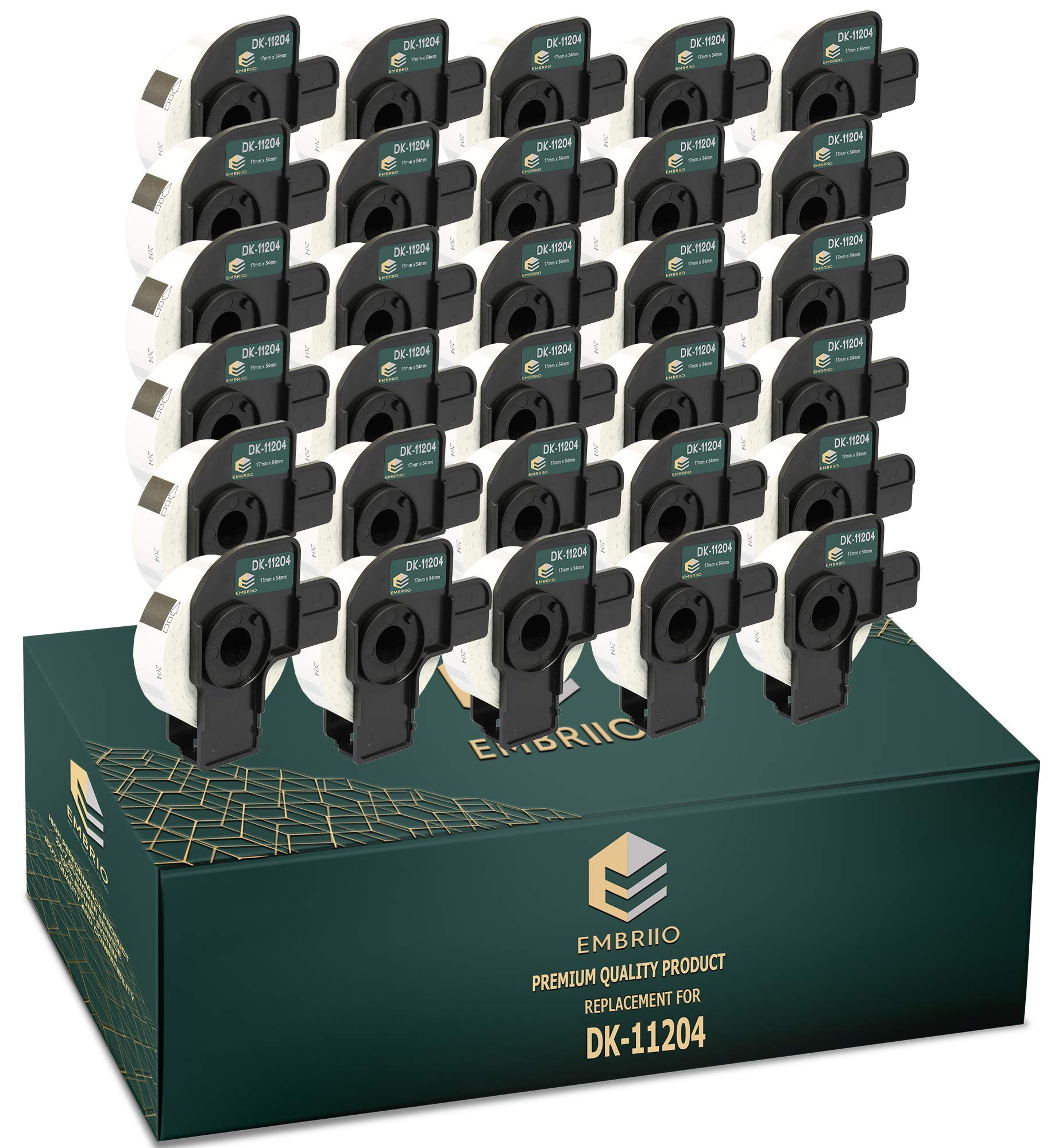 EMBRIIO DK-11204 Zestaw 30 Rolek z Etykietami Wymiennych dla Brother P-Touch QL-700 QL-570 QL-500 QL-810W QL-820NWB QL-800 QL-710W QL-720NW QL-560 QL-550 QL-1110NWB QL-1060N QL-500BW 580N, 17mm x 54mm