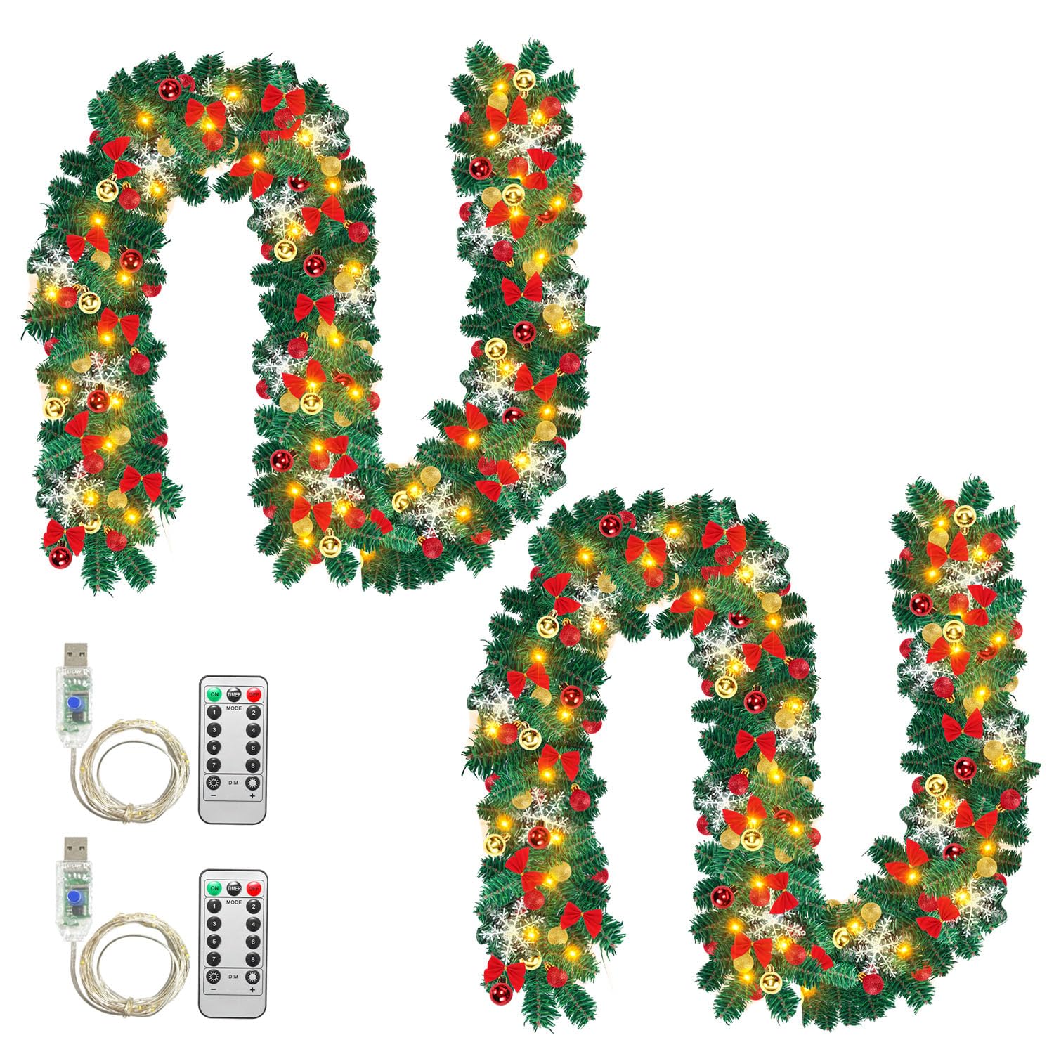 Ghirlanda natalizia 2 x 5 m con illuminazione, ghirlanda di abete artificiale con 100 LED, luce bianca calda, incl. decorazione e telecomando, luci USB 8 modalità, decorazioni natalizie per