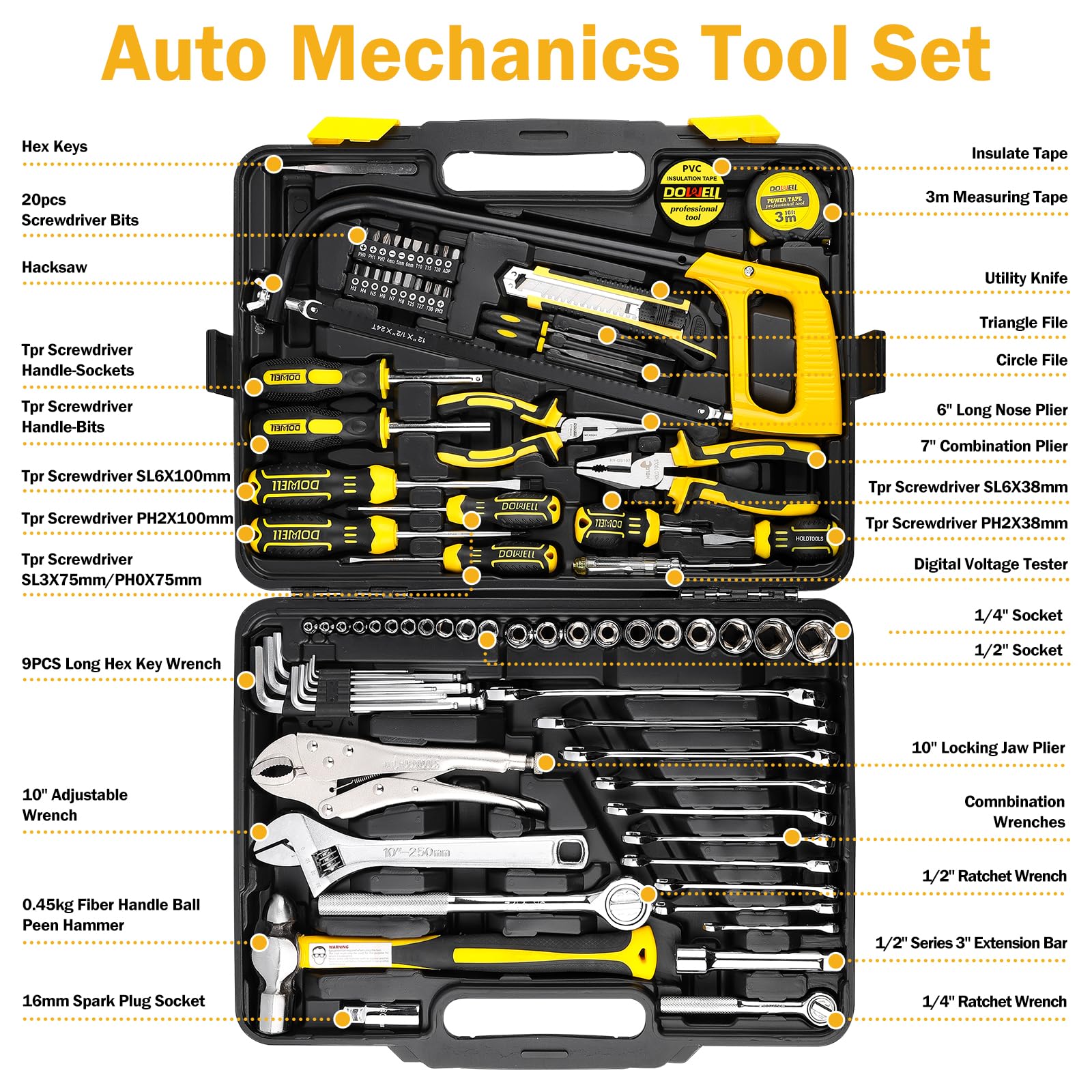 DOWELL Set di attrezzi da 85 pezzi, kit di attrezzi per meccanici automobilistici, completo per riparazioni auto, moto, motore e garage con prese, chiavi a cricchetto, pinze e altro ancora