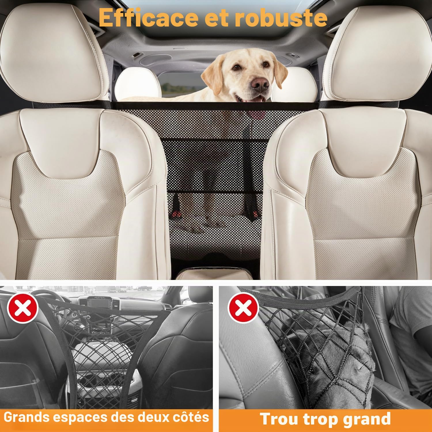 GGW Grille Pare-Chien pour Siège Arrière Voiture avec Poches, Universel | Filet de séparation pour siège avant. Barrière de sécurité contre les chiens pour siège arrière. Ajustement universel.