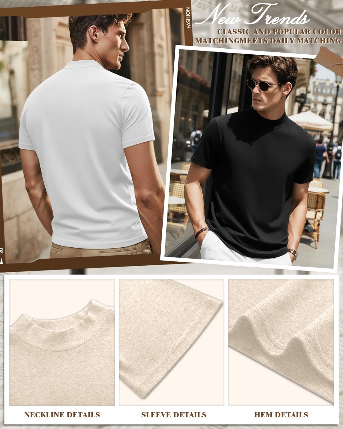 Ficerd 3 Pack Men's Turtle Neck Shirts, Short Sleeve Mock Turtleneck T Shirts Knitted Slim Fit Basic Undershirt Tops, Medium - Image 5