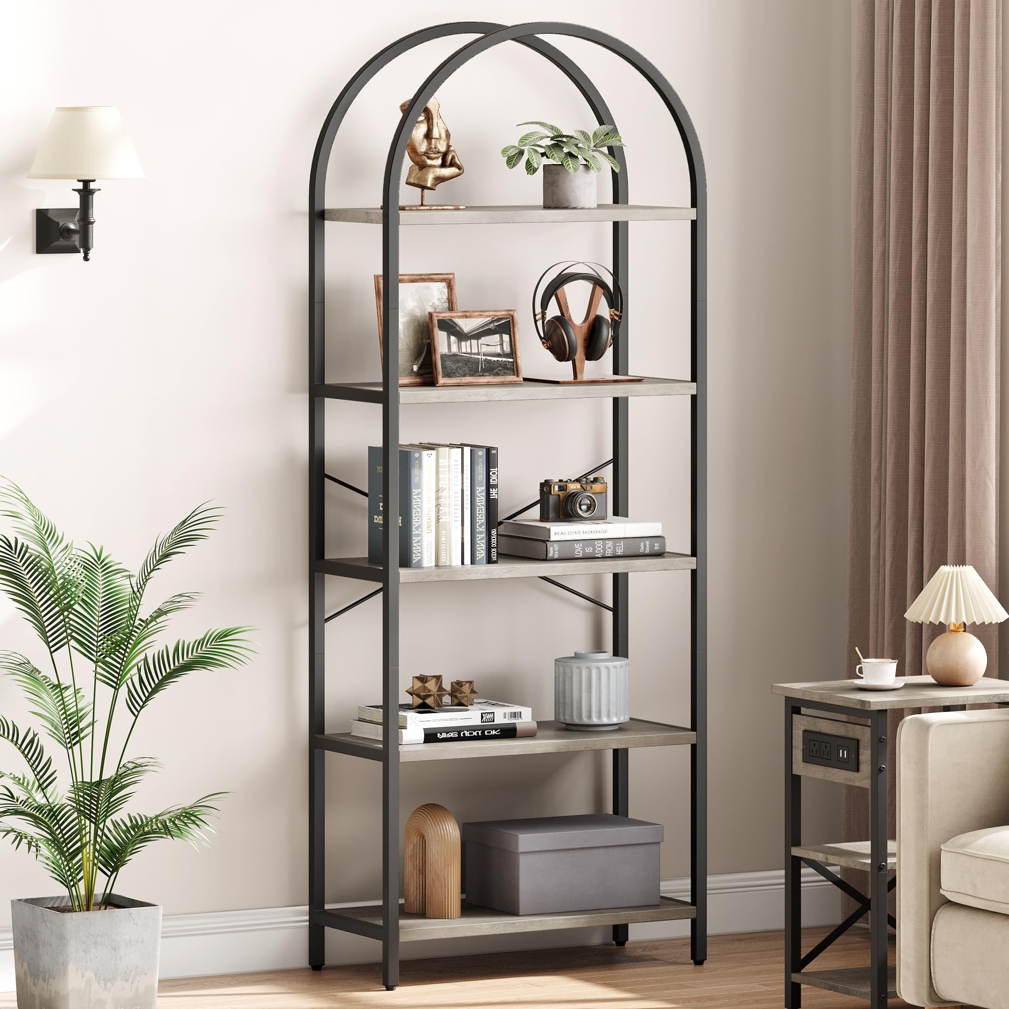 IDEALHOUSE Bookshelf 5 Tier Bookcase Arched Display Racks Tall Standing Bookshelves Metal Frame Modern Storage Rack Shelf Large Wood Book Shelf for