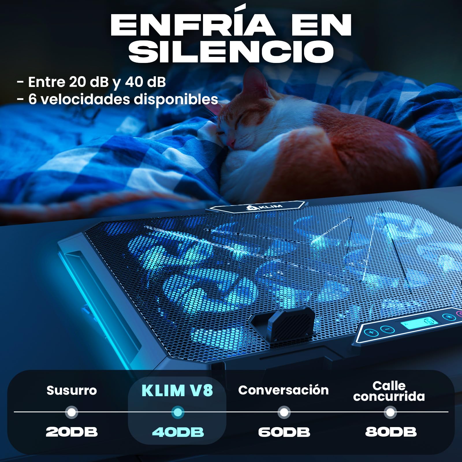 KLIM V8 Base Refrigeradora para Portátil Gaming con 8 Ventiladores + Nuevo + Soporte RGB Estable para Portátil con Ventilador + Compatible hasta 17" + 2 Puertos USB + Soporte para Teléfono