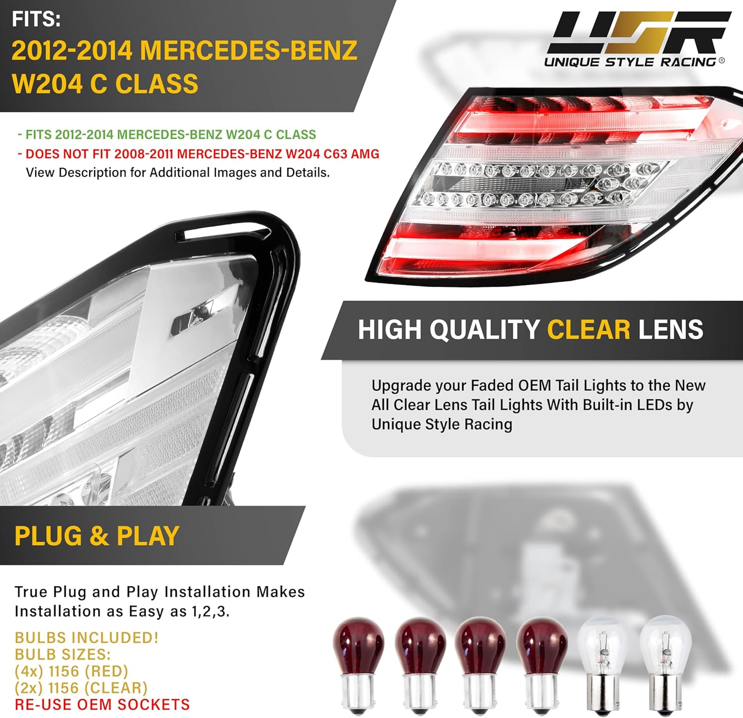 USR 12-14 W204 2D/4D Tail Light – Rear Tail Lamps 2pc Set (Left + Right) Compatible with 2012-2014 Mercedes Benz C-Class 4D Sedan and 2D Coupe All Models AMG (CLEAR LENS TAIL LIGHTS w/RED LED)