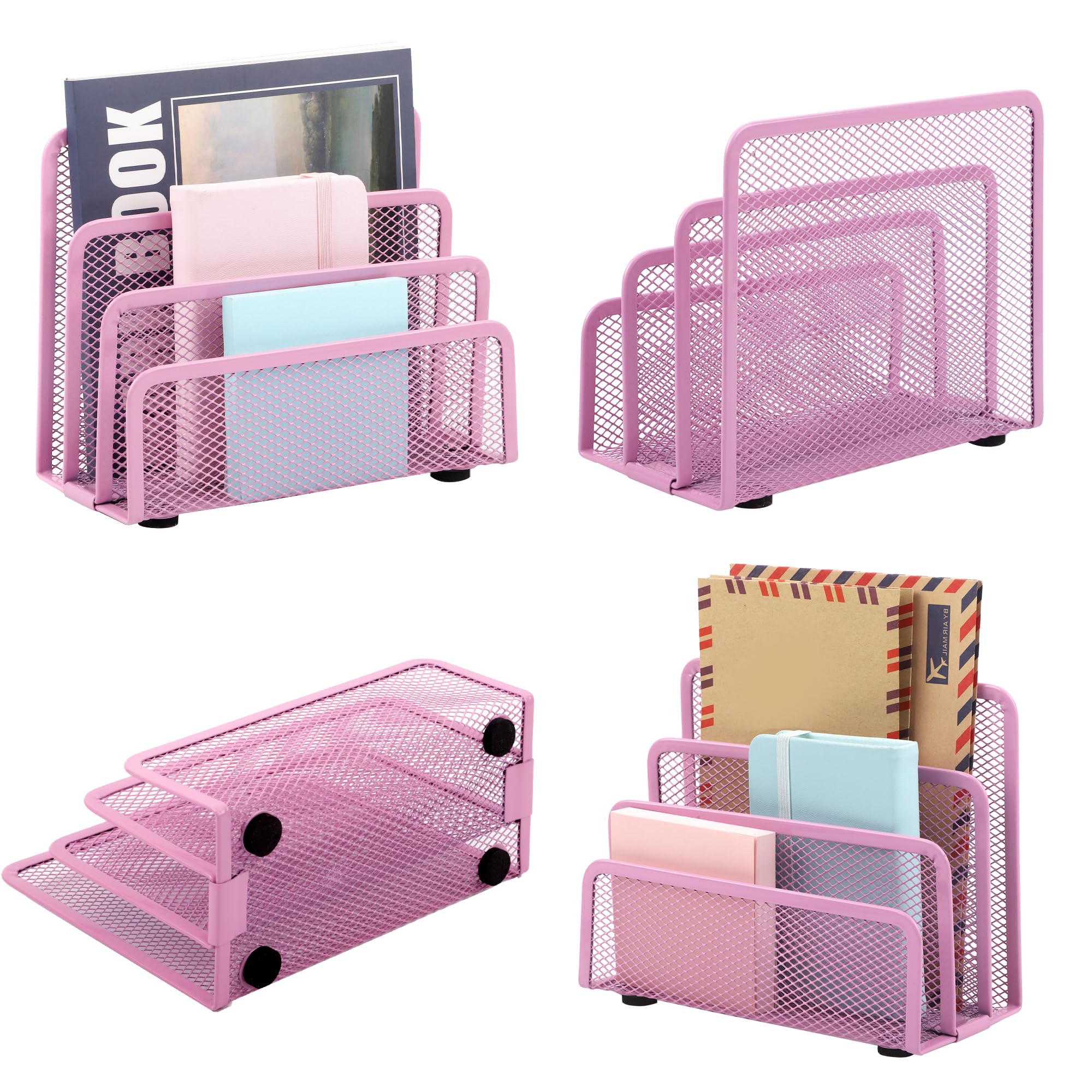 4-Pack Rose Gold Metal Mesh Desk Mail Organizers - 3-Slot File Holder For Papers, Mail, Bills - View #2