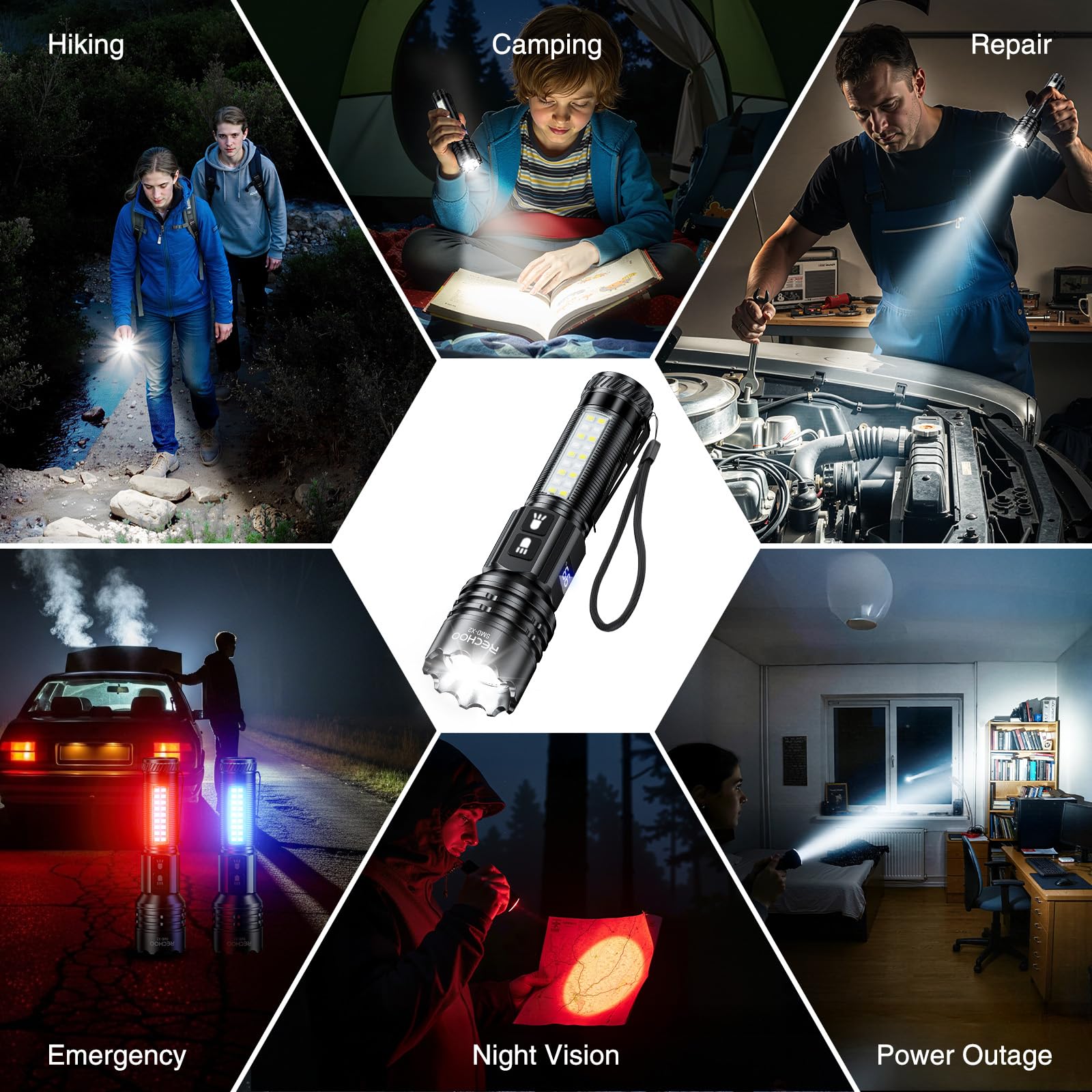 RECHOO Torce ricaricabili ad alta luminosità confezione da 2, 7 modalità torce ricaricabili con display digitale LCD