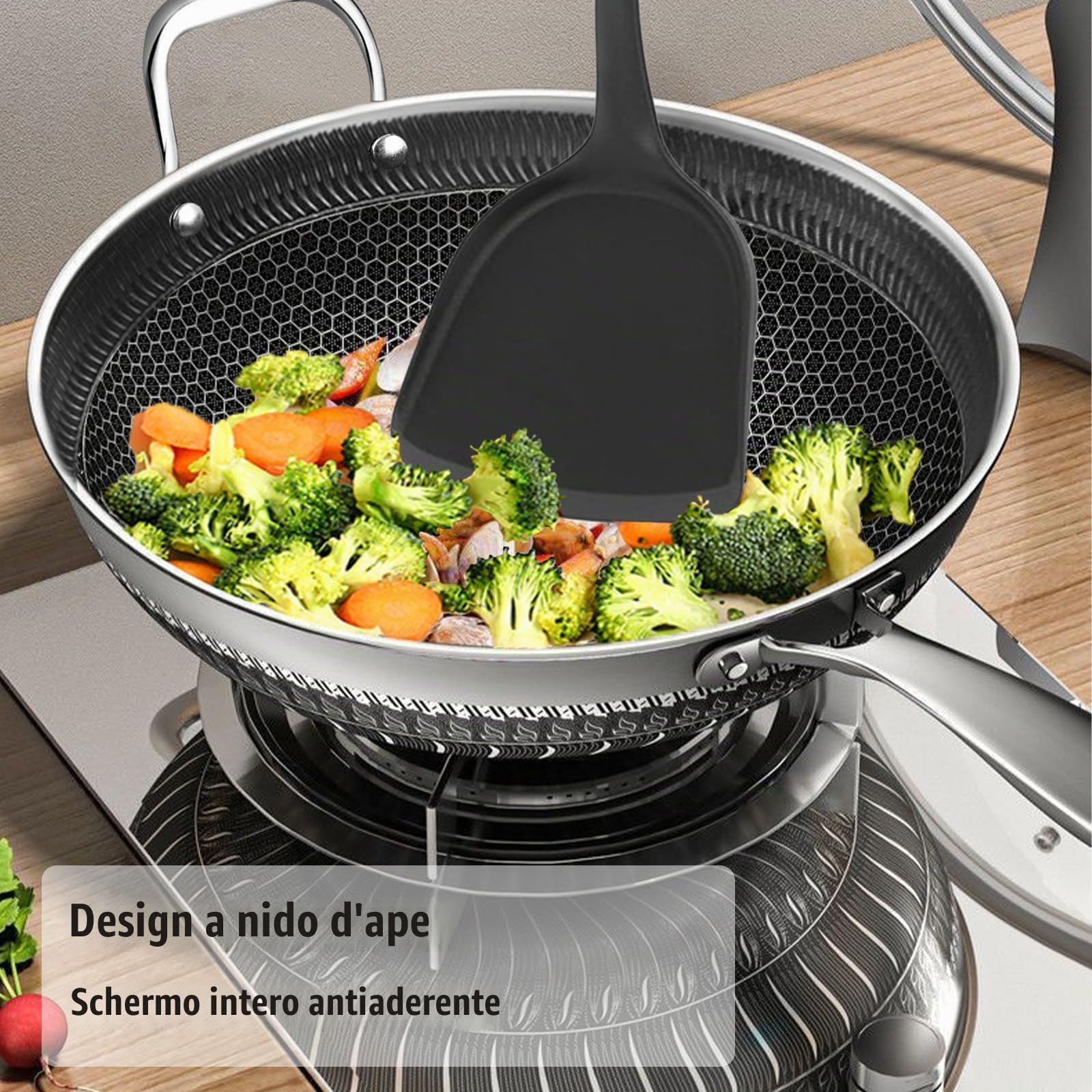 Wok - Padella antiaderente da 32 cm, in acciaio inox, con coperchio, spatola, manico per rimanere freddo, padelle per friggere a induzione, adatte per piani cottura a induzione, in ceramica, elettrici