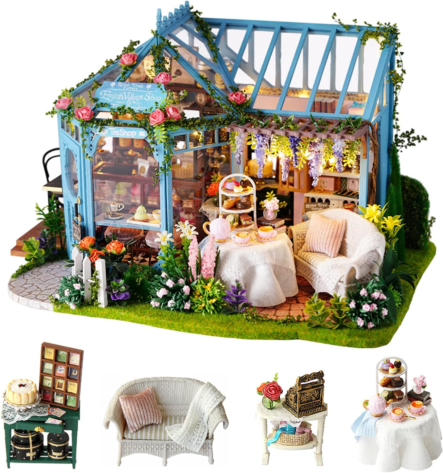 Cuteroom DIY Mini Dollhouse Wooden Furniture Kit, Rose Garden Tea House