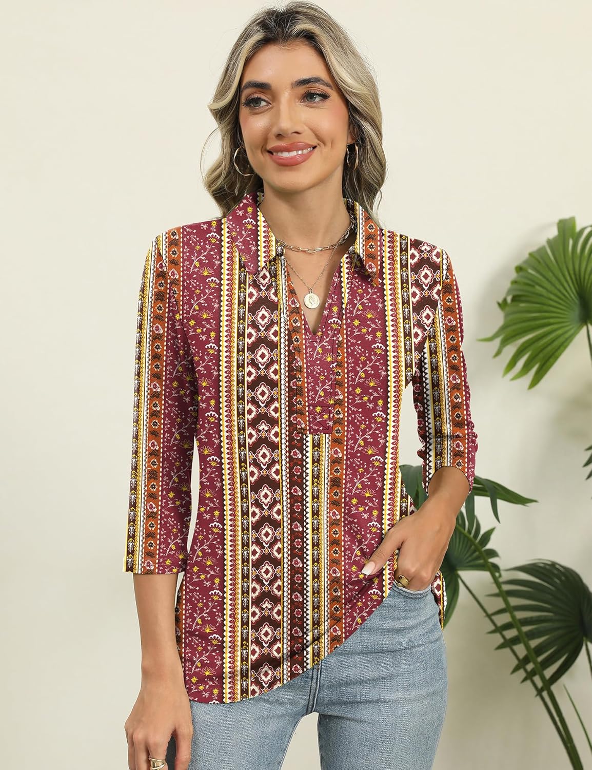 ZHENWEI Women's 3/4 Length Sleeve V-Neck Collared Tops Summer Business Casual Work Polo Shirts 2025 - Image 3