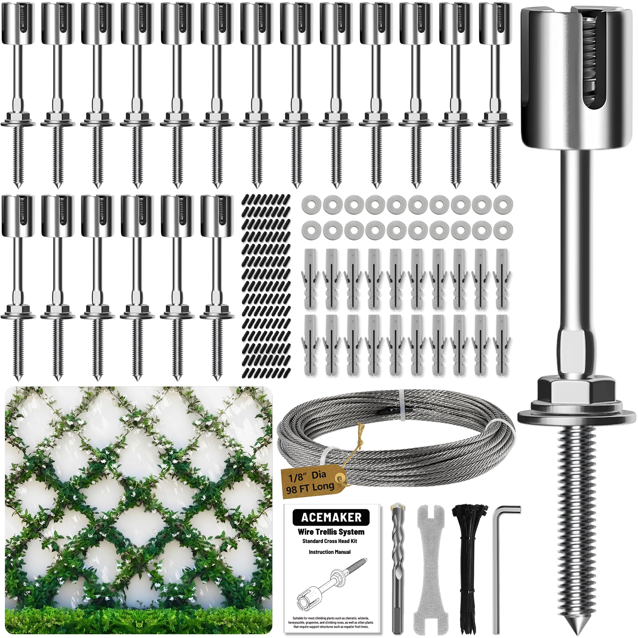 Photo 1 of Acemaker Wire Trellis for Climbing Plants Outdoor, 20-Set Wall Wire Trellis Kit with 1/8in x 98ft Stainless Steel Cable, T316 Espalier System for Fence and Garden DIY Projects