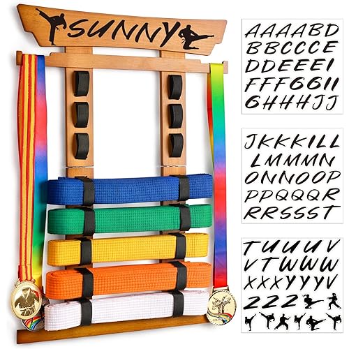 Tilhumt 8 Belt Karate Belt Display Rack with Medal Hanger and Stickers, Taekwondo Belt Display Holder, Martial Arts Belt Display Organizer for Adults, No Assembly Required (Bamboo/Acrylic)