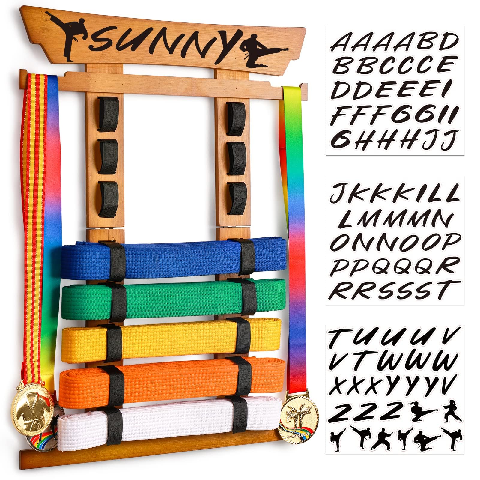 Tilhumt 8 Belt Karate Belt Display Rack with Medal Hanger and Stickers, Taekwondo Belt Display Holder, Martial Arts Belt Display Organizer for Adults, No Assembly Required (Bamboo/Acrylic)
