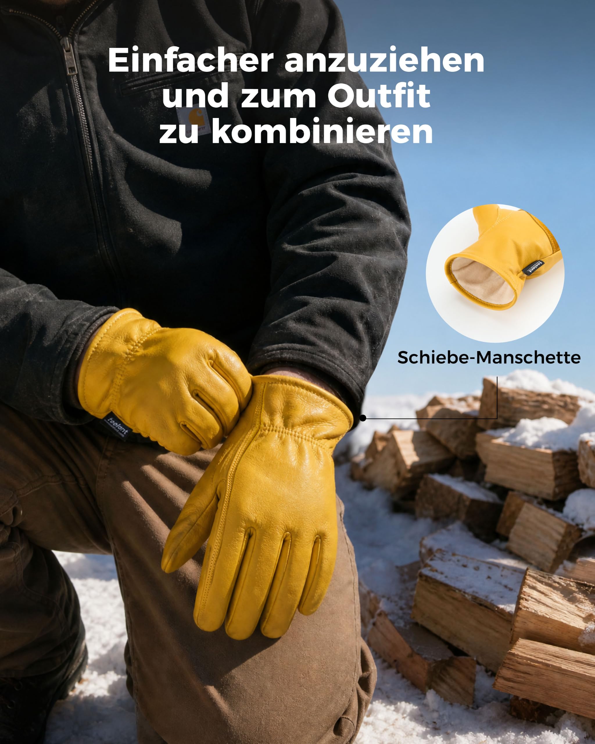 toolant Schlupf-Winter-Arbeitshandschuhe für Herren aus 100% Vollrindleder, wasserabweisend beschichtet, mit wärmendem Thinsulate-Futter, leicht anzuziehen, 2 Paar, Größe XL