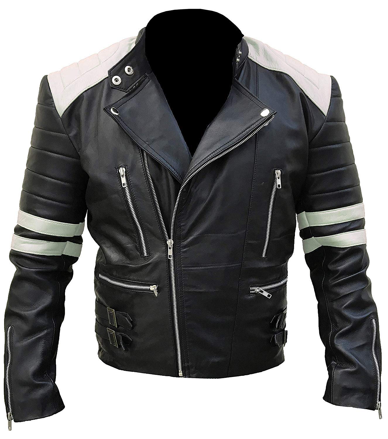 Fashion_first Men's P) Retro Black White Brando Real Leather Brando Biker Retro Motorcycle Black White Stripes Real Leather Jacket